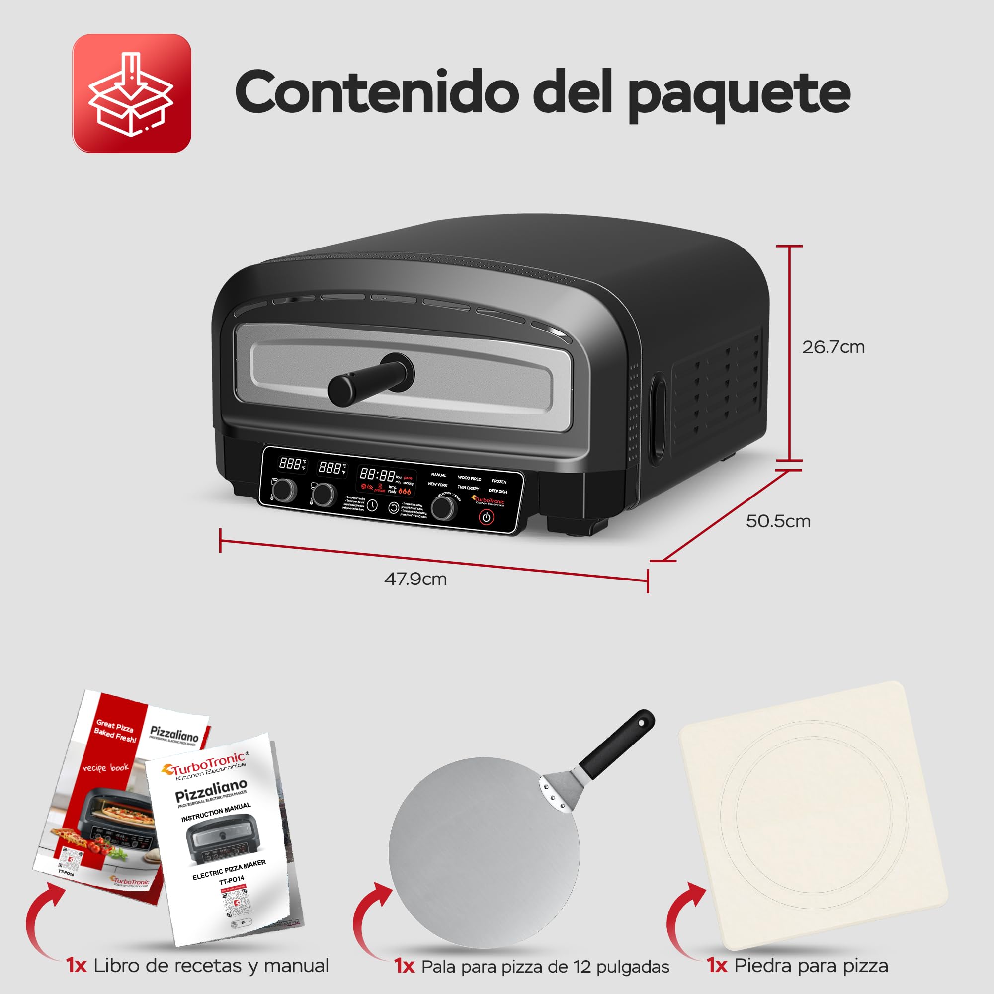 TurboTronic Horno Eléctrico para Pizza 2200W, hasta 450 °C, para Pizzas de 37 cm (14,6"), con Piedra para Pizza, Uso Interior y Exterior, Ideal para Casa, Jardín, Cocina