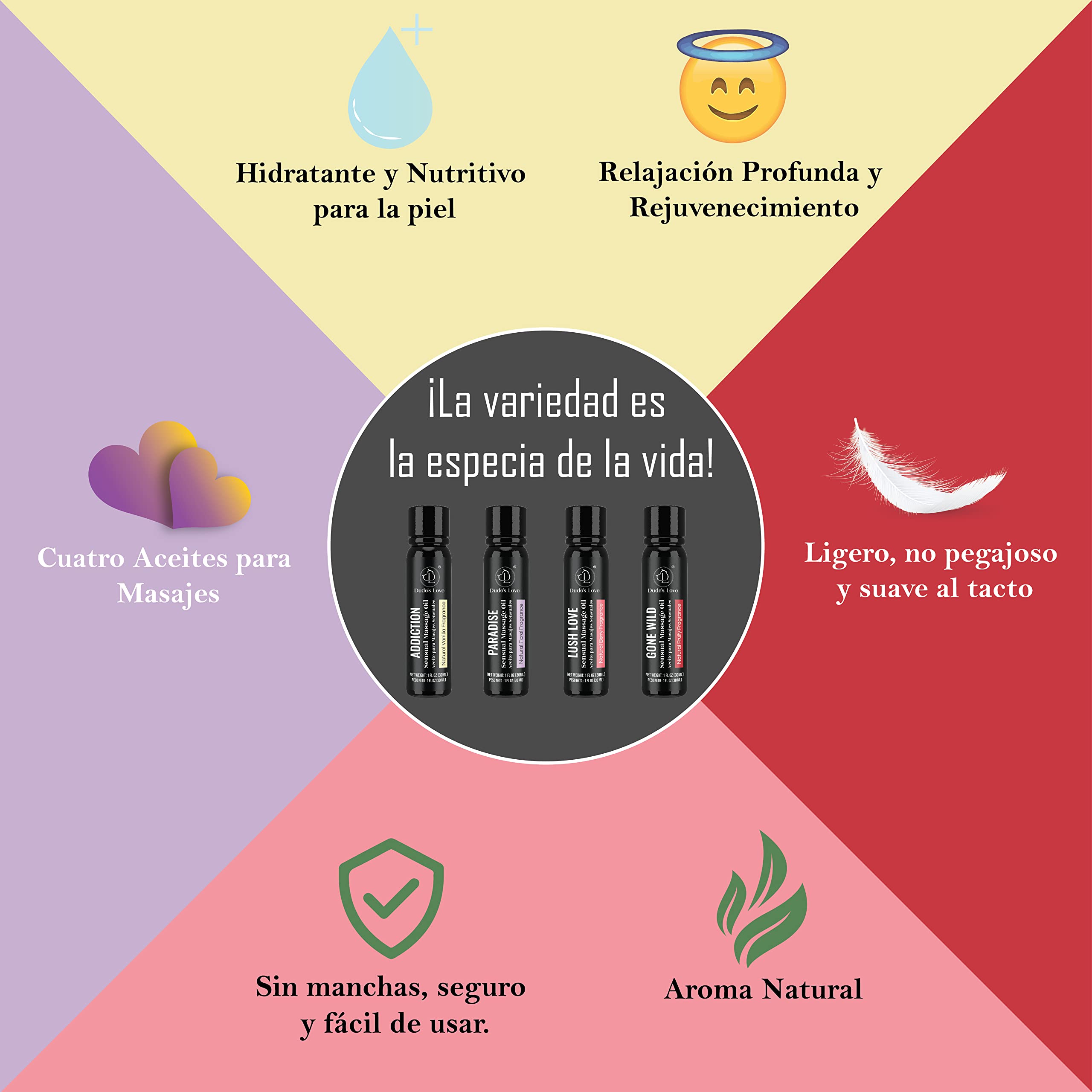 Dude's Love - Paquete de 4 aceites de masaje sensual aromático comestible para todo el cuerpo - Set de regalo combinado | Pack de Prueba Aceite de Masaje con Aceites Esenciales - 120 ML