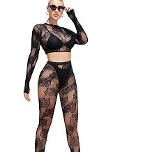 Womens Fishnet Bodysuit Lingerie Hollow Out Rave Outfits 2 Piece Mesh Bodystocking Set