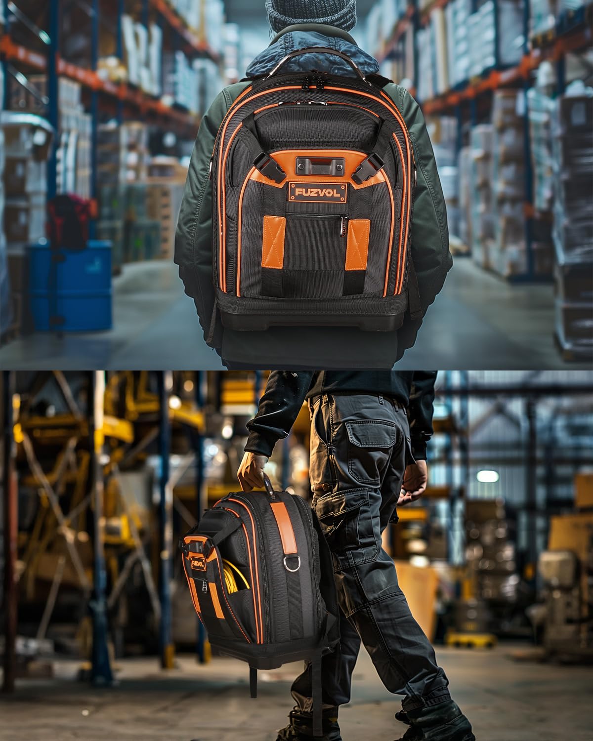 Sac à dos à outils robuste pour homme avec organiseur d'outils amovible et compartiment pour ordinateur portable - Orange