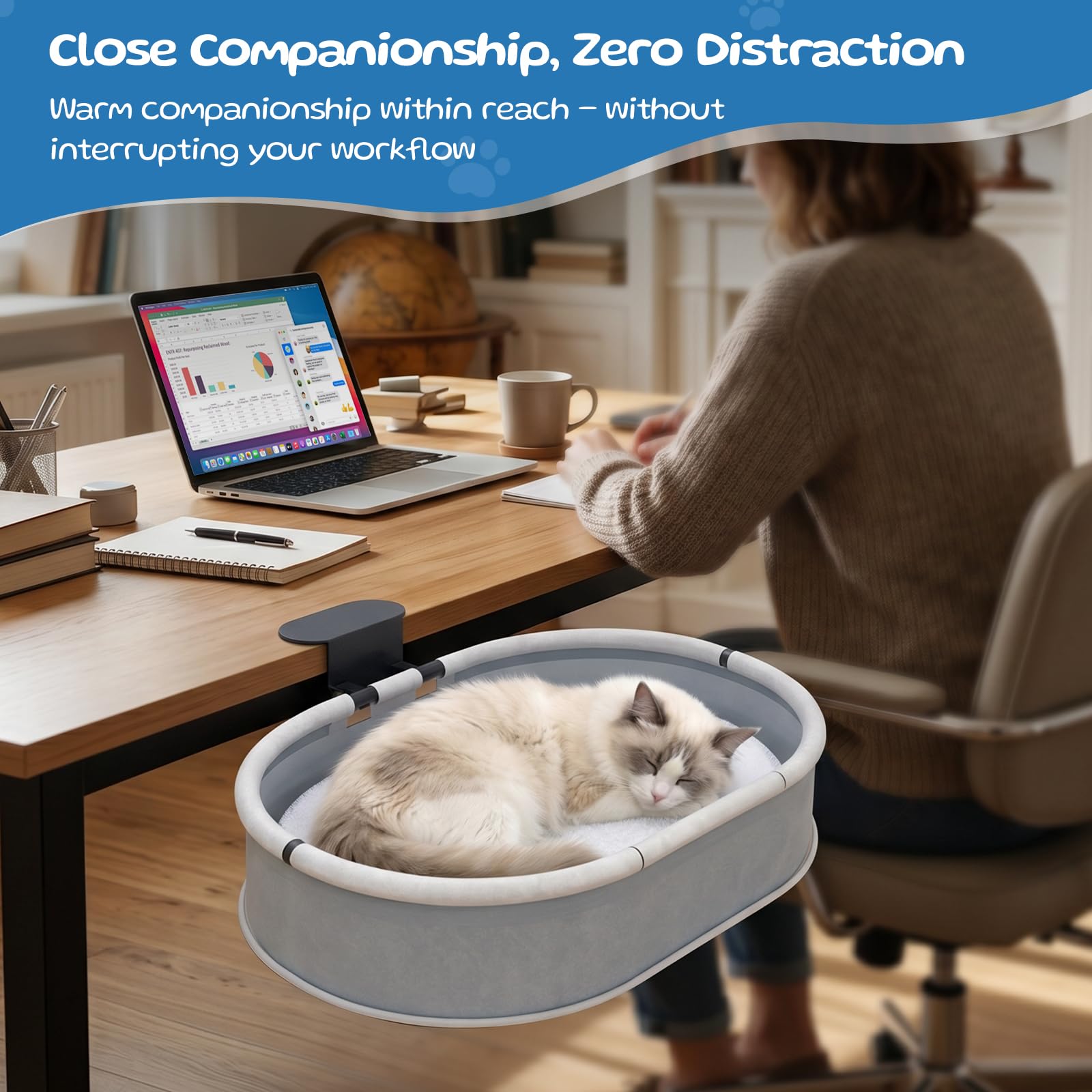 Cama para Gatos Cesta de hasta 27 kg - Fijación Estable de Cat Desk Bed sin Necesidad de Taladrar - Cama Plegable a 90° para Gatos con Estructura Metálica - Cama Gato Mesa Que Ahorra Espacio