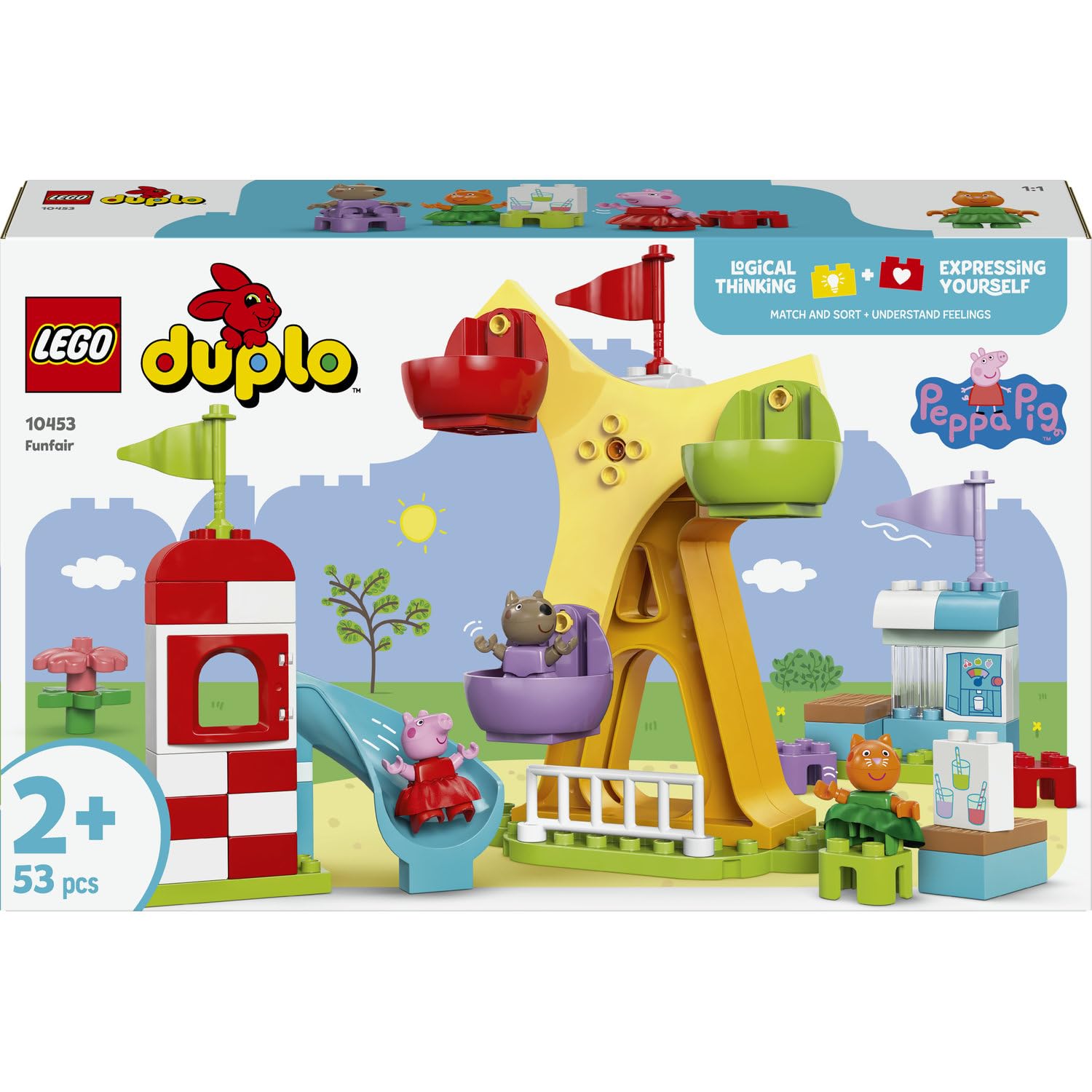 LEGO DUPLO Peppa Pig Jahrmarkt 10453 | Spielzeug ab 2 Jahren für Jungen & Mädchen, mit Riesenrad, Rutsche & 3 Figuren ink. Mollie Mieze, Geschenk, 53 Teile