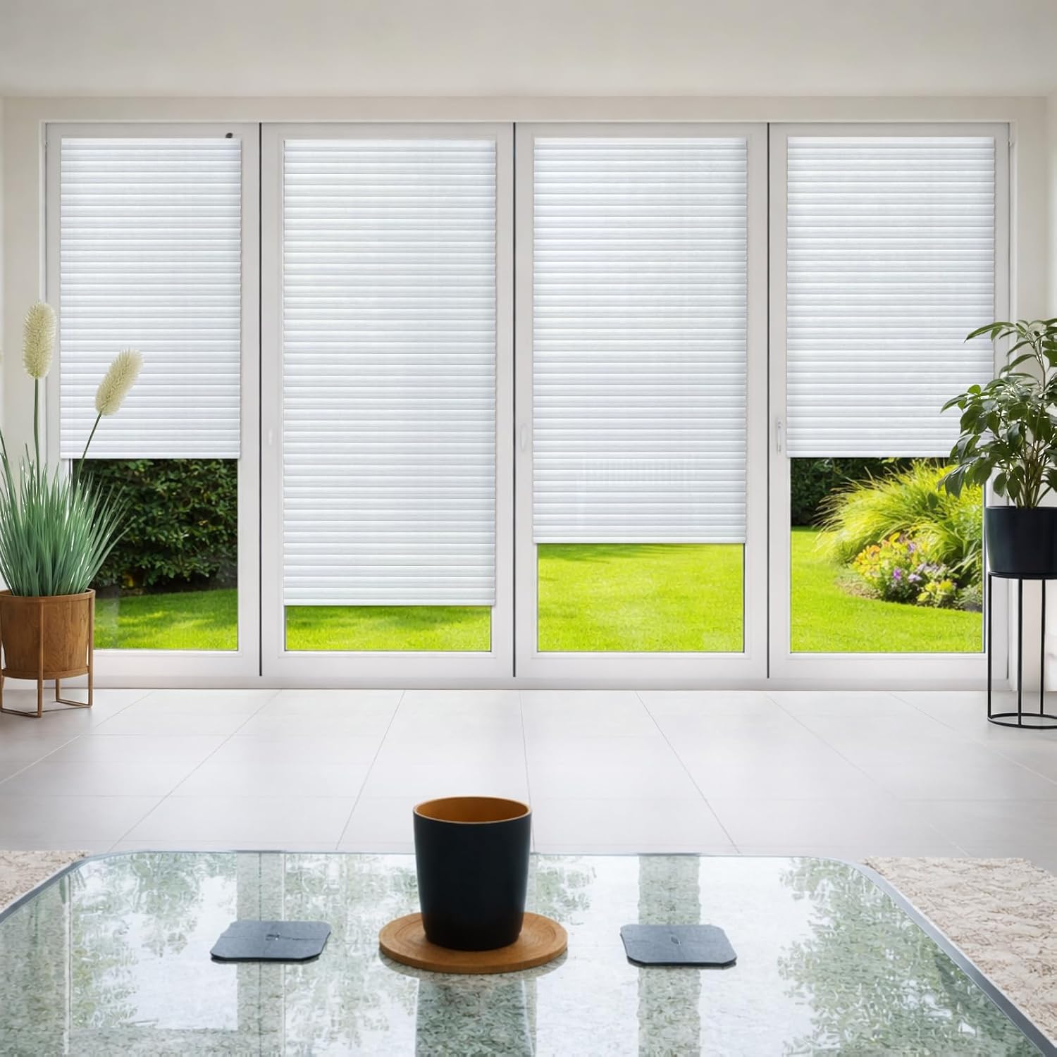 Threehoney 4 Pcs Temporary Blinds No Tools Cut to Size Fabric White Room Darkening Shades Adhesive Privacy Blinds for French Door Sliding Door Window Light Filtering Pleated Shades (35 x 110 Inches)