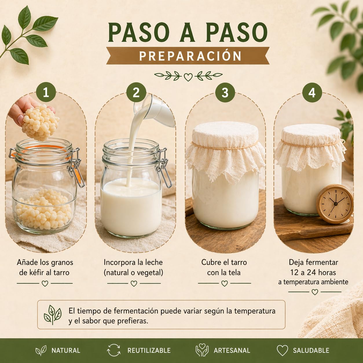 Kit kefir casero - MAGIC RAINBOW - Tarro de cristal con tapa 750 ml colador plástico cuchara madera paño textil y caja de inicio para preparación doméstica - Sin kéfir incluido — view 3