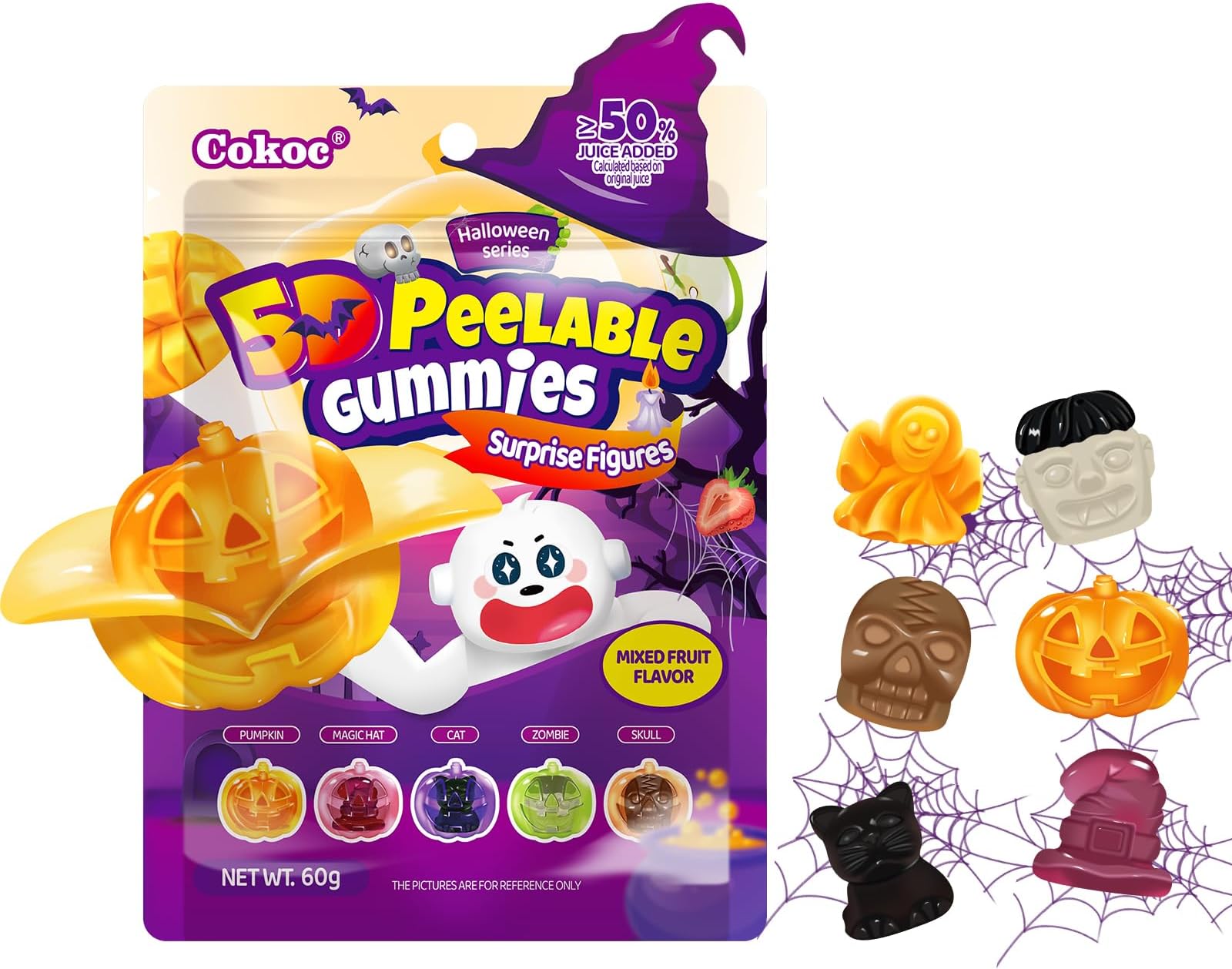 COKOC Halloween Candy Peelable Gummy,Mixed Fruit Flavored,Pumpkin Vampire Ghost Skull Cat Shapes,Individually Wrapped Halloween Gummies,Trick or Treat Snacks & Party Favors,2.12oz Bag