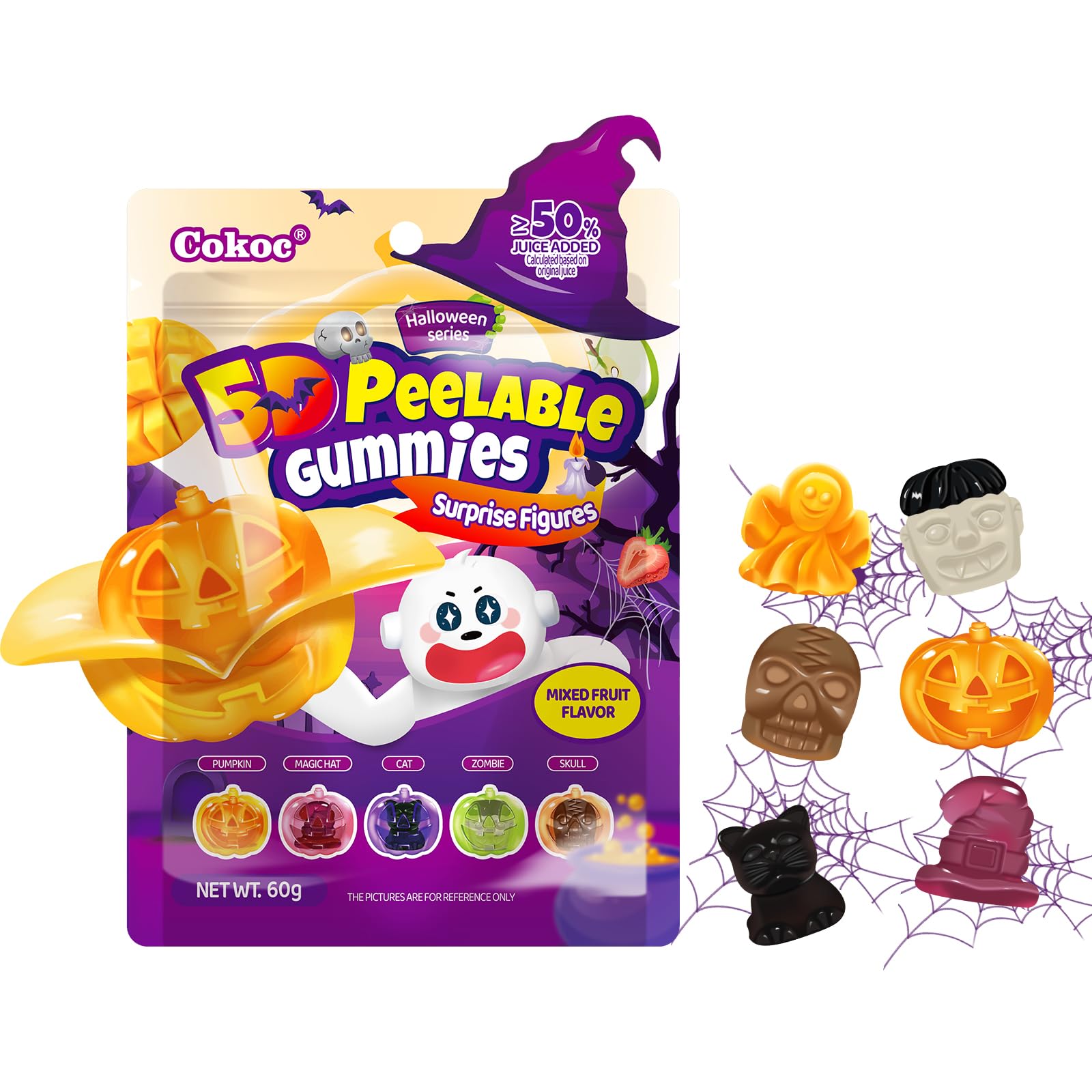 COKOC Halloween Candy Peelable Gummy,Mixed Fruit Flavored,Pumpkin Vampire Ghost Skull Cat Shapes,Individually Wrapped Halloween Gummies,Trick or Treat Snacks & Party Favors,2.12oz Bag