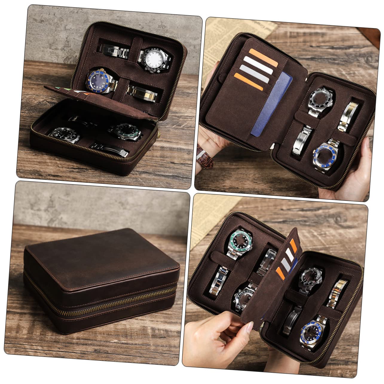 FOMIYES Estuche de Cuero para Reloj 4 Ranuras, Viaje y Orden | Acabado Vintage, Cierre Cremallera, Diseño Delgado, Tono Café, Compartimentos Laterales