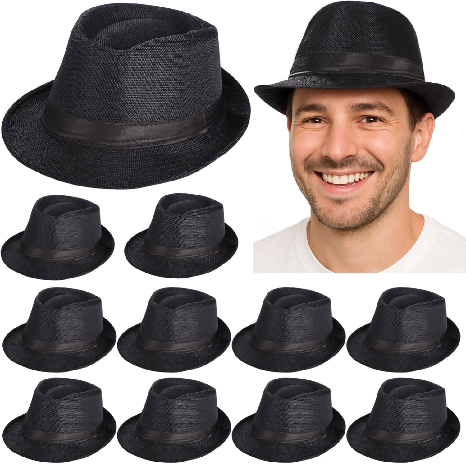 12 Pcs Men's Fedora Hats, 1920s Style Jazz Hats, Black Straw Hats with Satin Band, Breathable Sun Hats for Outdoor Activities, Parties, and Travel - Image 6