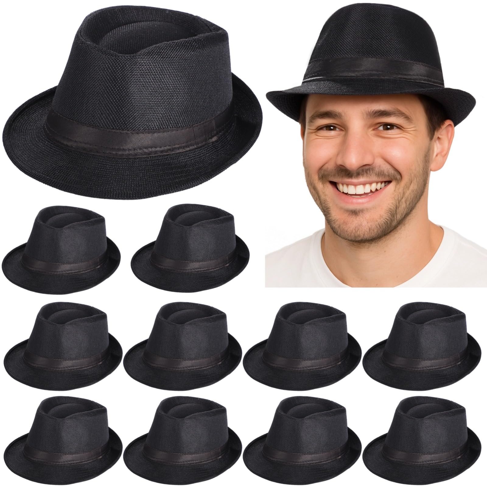 Lot de 12 chapeaux Fedora pour homme, chapeaux de jazz style années 1920, chapeaux de paille noirs avec bande en satin, chapeaux de soleil respirants pour activités de plein air, fêtes et voyages