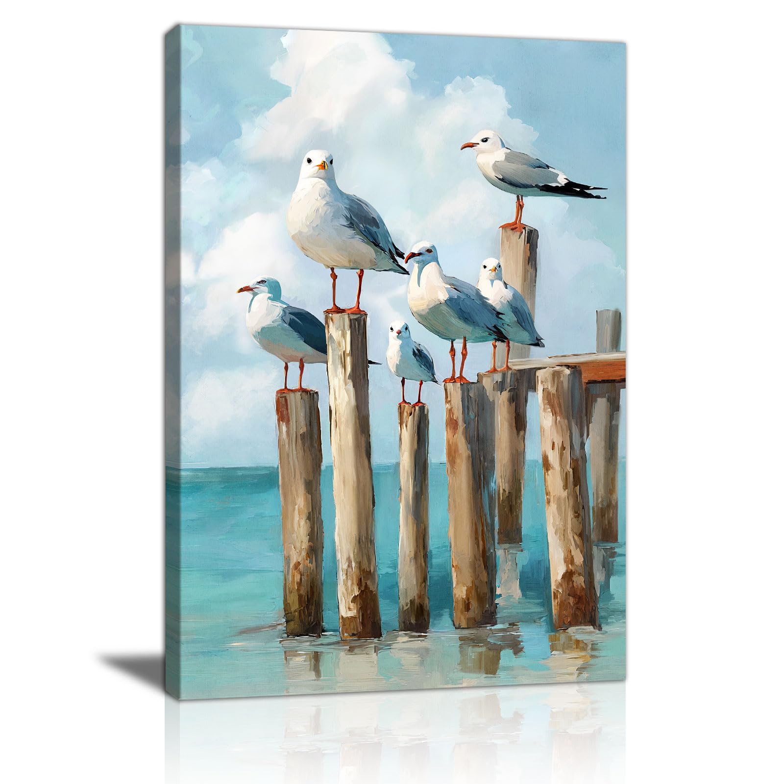 FajerminArt Seagull Landscape Canvas Wall Art Prints, Framed Blue Seabirds at Rest Wall Painting Nature Birds Printed Poster Pictures on Canvas Wall Decor for Living Room Bedroom Church Prayer 30×40cm