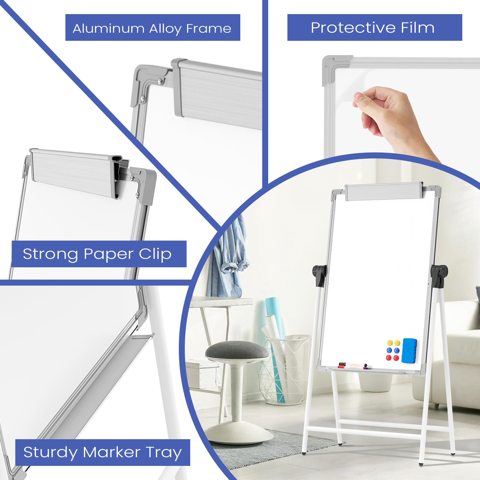 Pizarra blanca grande de doble cara con soportes, 36 x 24 pulgadas, caballete de borrado en seco, caballete portátil de pizarra blanca con diseño de altura ajustable para el hogar, la escuela,