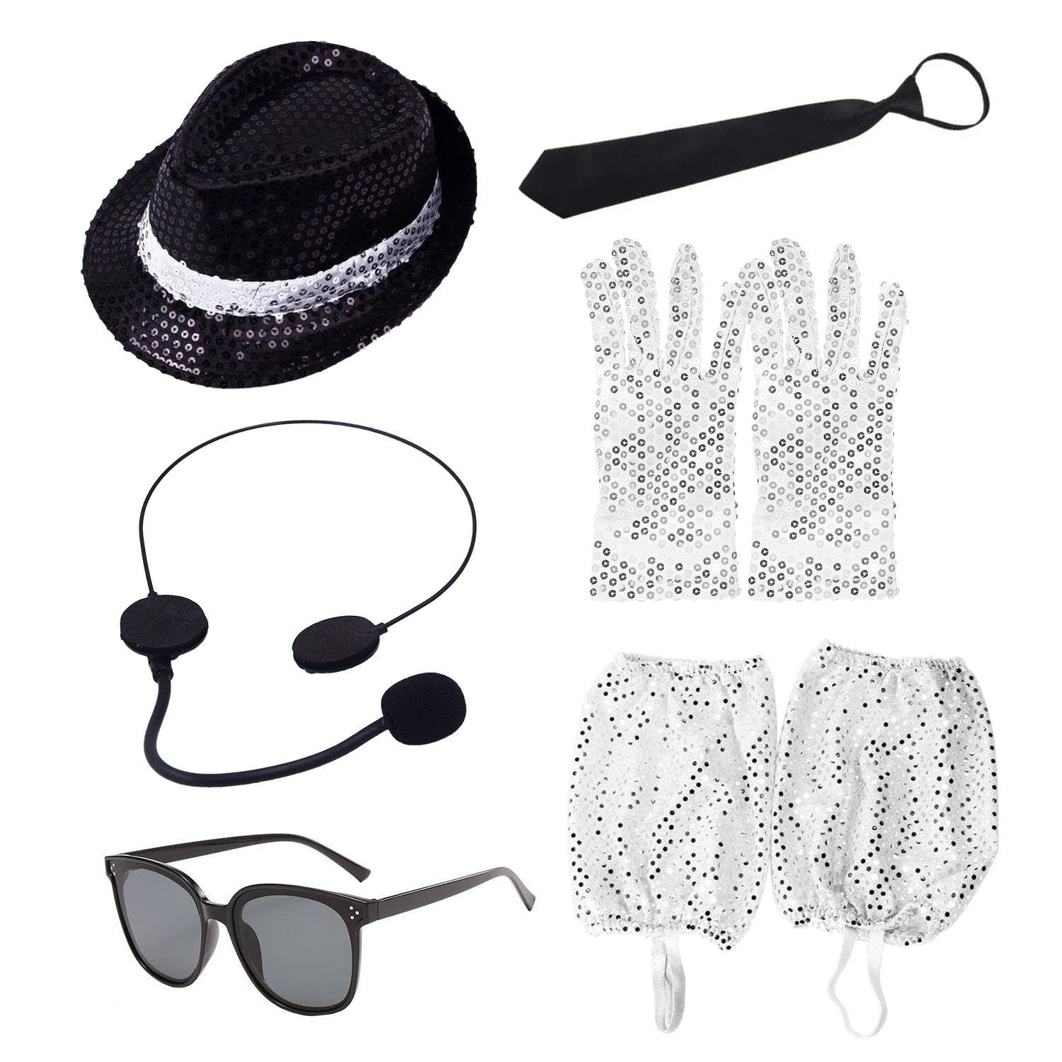 WUFGWBD 1 Sequined Hat, 1 Tie, 1 Pair Of Gloves, 1 Pair Of Glasses, 1 Pair Of Footwear And 1 Headset, Role Play Props, Stage Performance Costume Accessories
