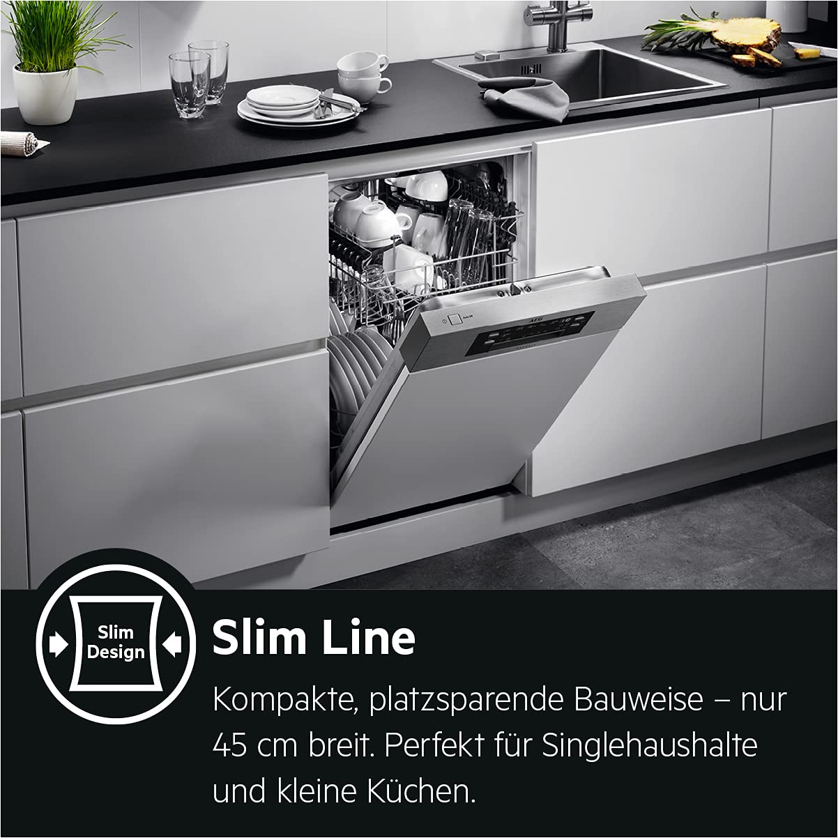 AEG FSE73407P Vollintegrierter-Geschirrspüler / 45cm / AirDry - perfekte Trocknungsergebnisse / D / energiesparend / Besteckkorb / QuickSelect Display / Startzeitvorwahl / Wasserstopp / extra leise