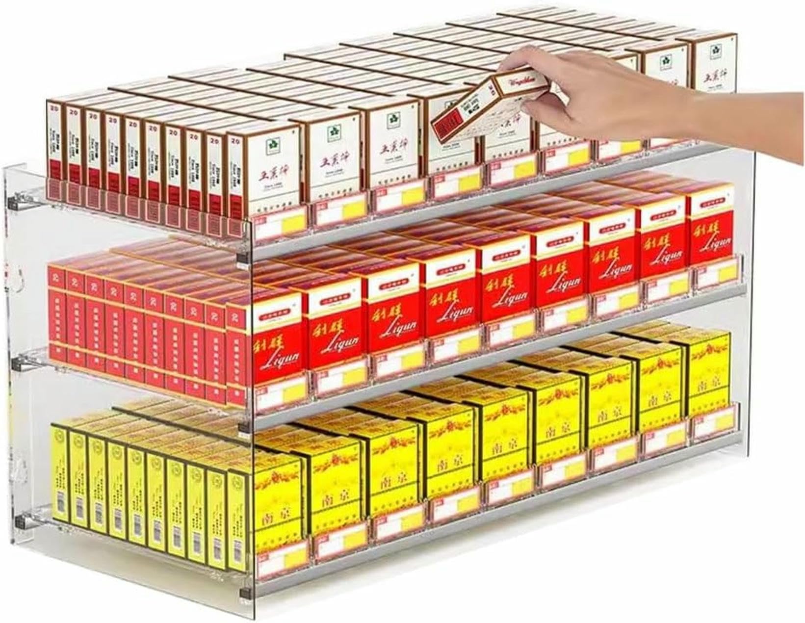 Présentoir acrylique à 3 niveaux transparent avec pousse-cigarettes automatique pour vitrine