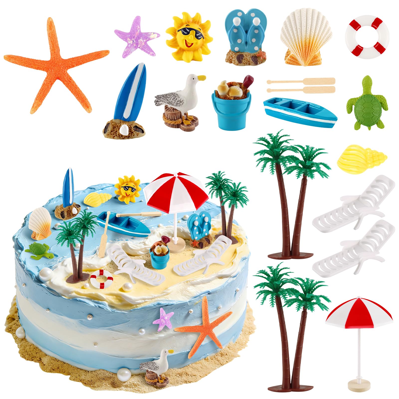Hooqict 19Pcs Beach Cake Decorations Set with Mini Coconut Tree, Seashell, Sea Animals, Pool Beach Cake Toppers & Cupcake Toppers for Summer Tropical Hawaiian Luau Birthday Party Decorations Supplies — image 1