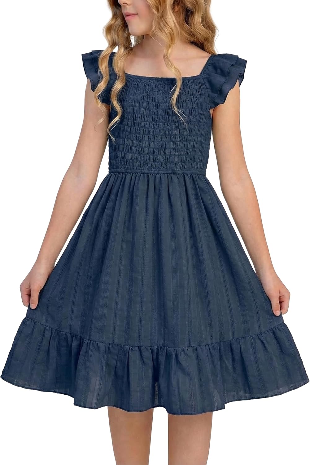 Girls Summer Dresses Smocked Flutter Sleeve Square Neck Ruffle Beach Party Teen Dress 6-14 Years