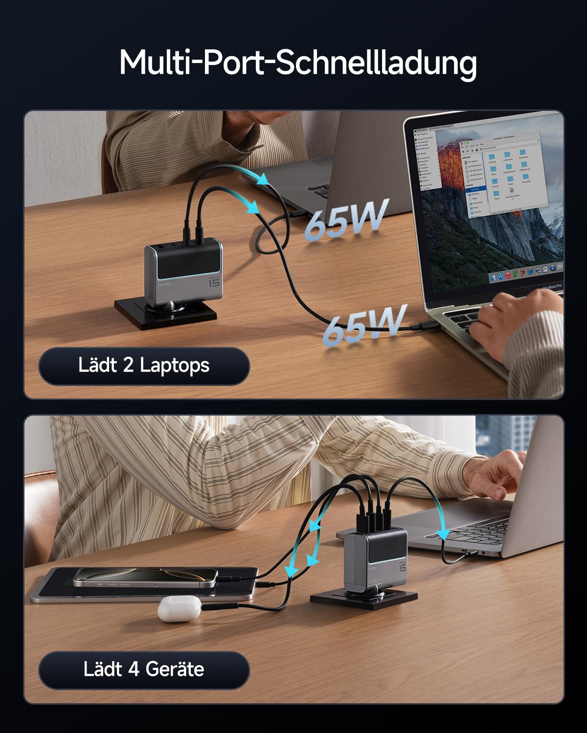 140W USB C Ladegerät, CUKTECH Gan Schnellladegerät mit USB C Kabel, 4-Port PD Fast Charger Netzteil für Laptop, MacBook Air, iPad Air, Galaxy S24/S20, iPhone 16/Pro/Max, Steam Deck, Google usw