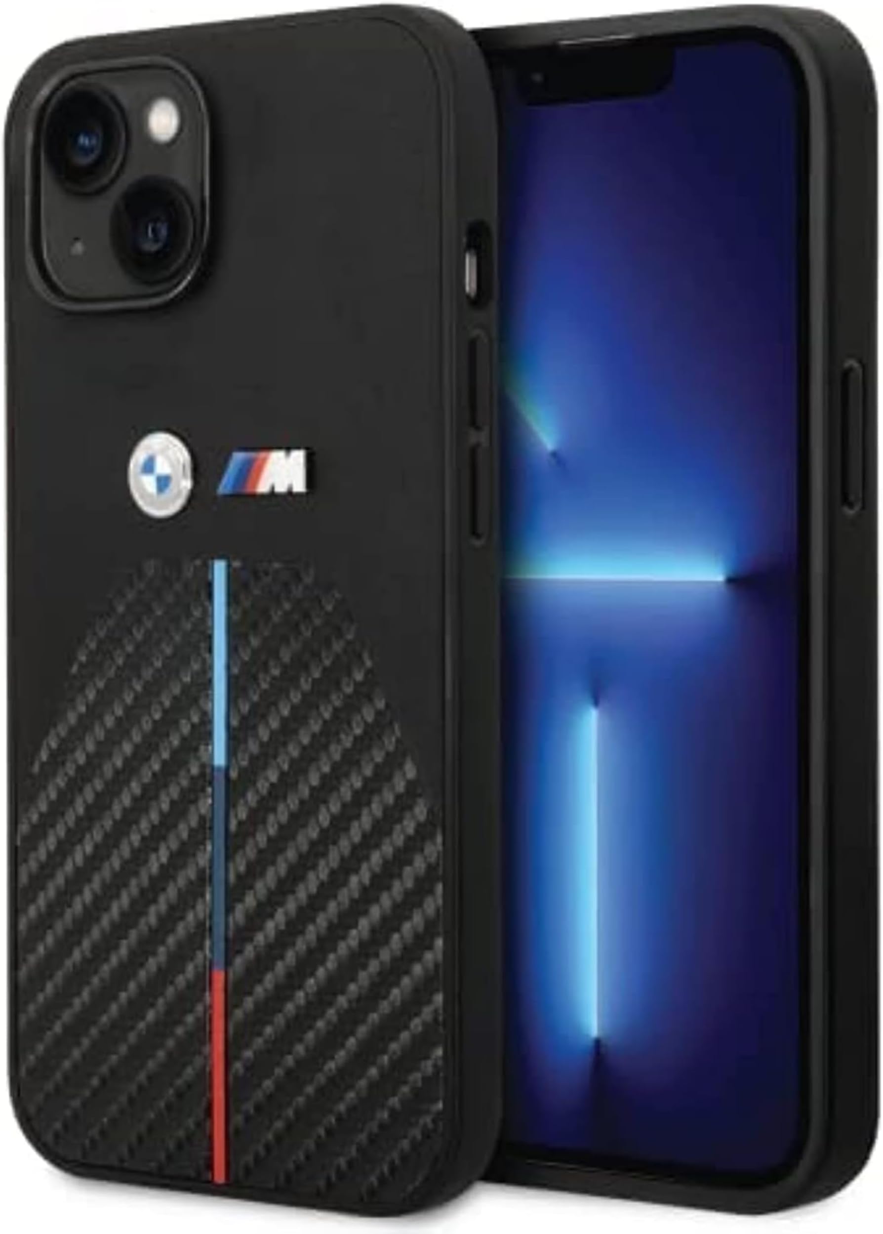 BMW M Collection Quilted PU Carbon Case With Hot Stamped Tricolor Stripe & Metal Logos, Anti-Scratch, Prmeium Quality, Slim-Fit Cover, Compatible with iPhone 14 - Black (Max)