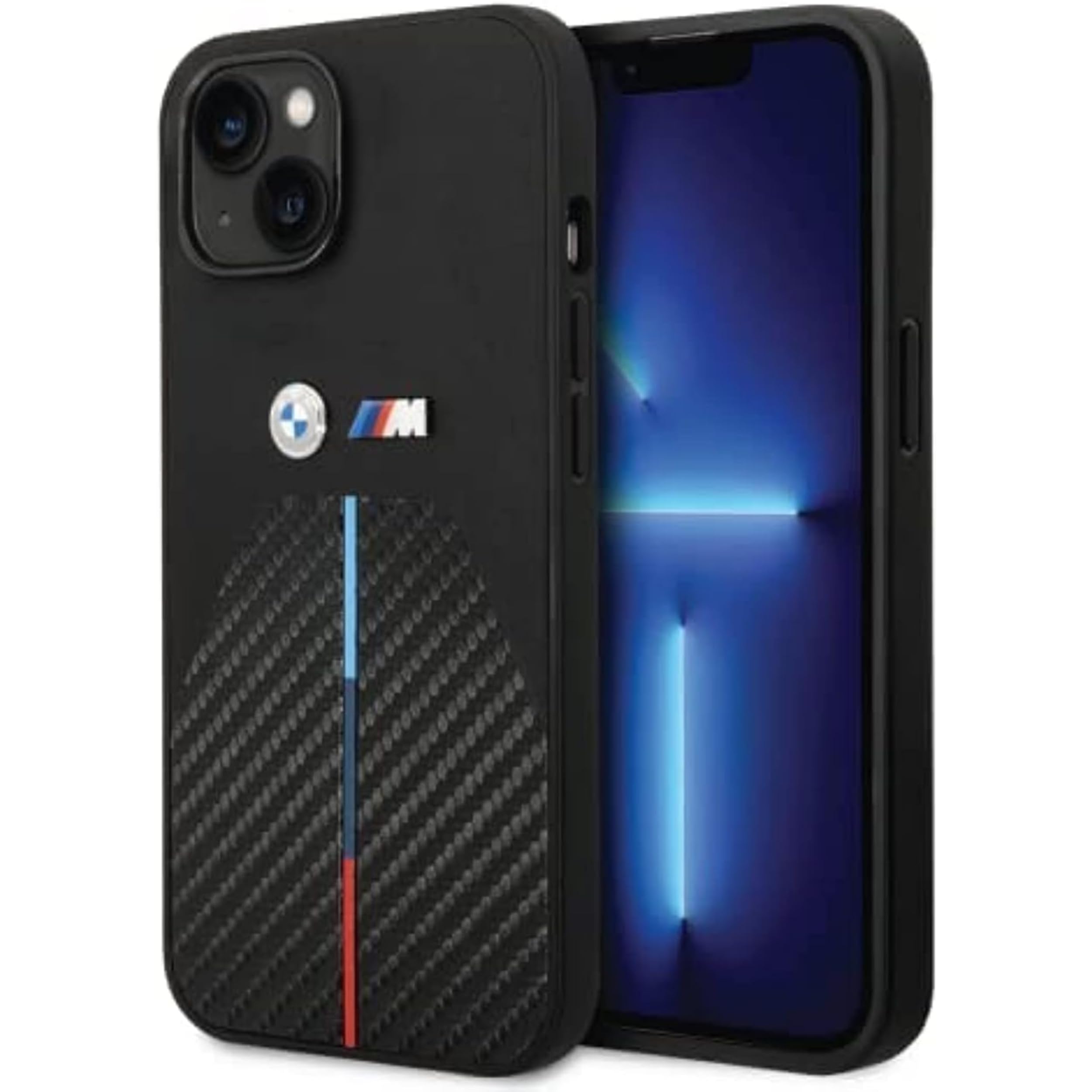 CG MOBILE BMW M Collection Quilted PU Carbon Case With Hot Stamped Tricolor Stripe & Metal Logos, Anti-Scratch, Prmeium Quality, Slim-Fit Cover, Compatible with iPhone 14 - Black (Max)