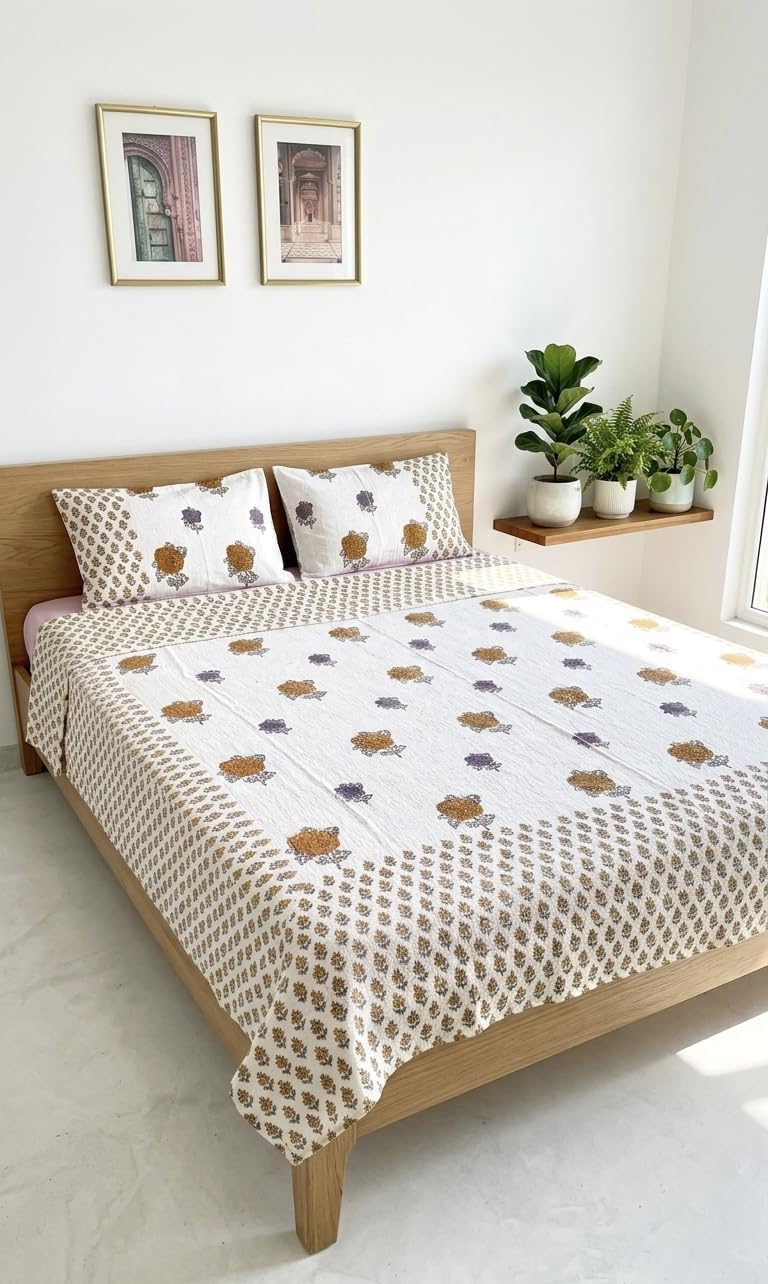 Hand Block Printed Soft Jute Bedsheet Set King Size 90x108 Inches, Rustic Floral Print, Flat Sheet with 2 Reversible Pillow Covers, Perfect for Home Decor & Gifting, 3 Piece Set-image-8