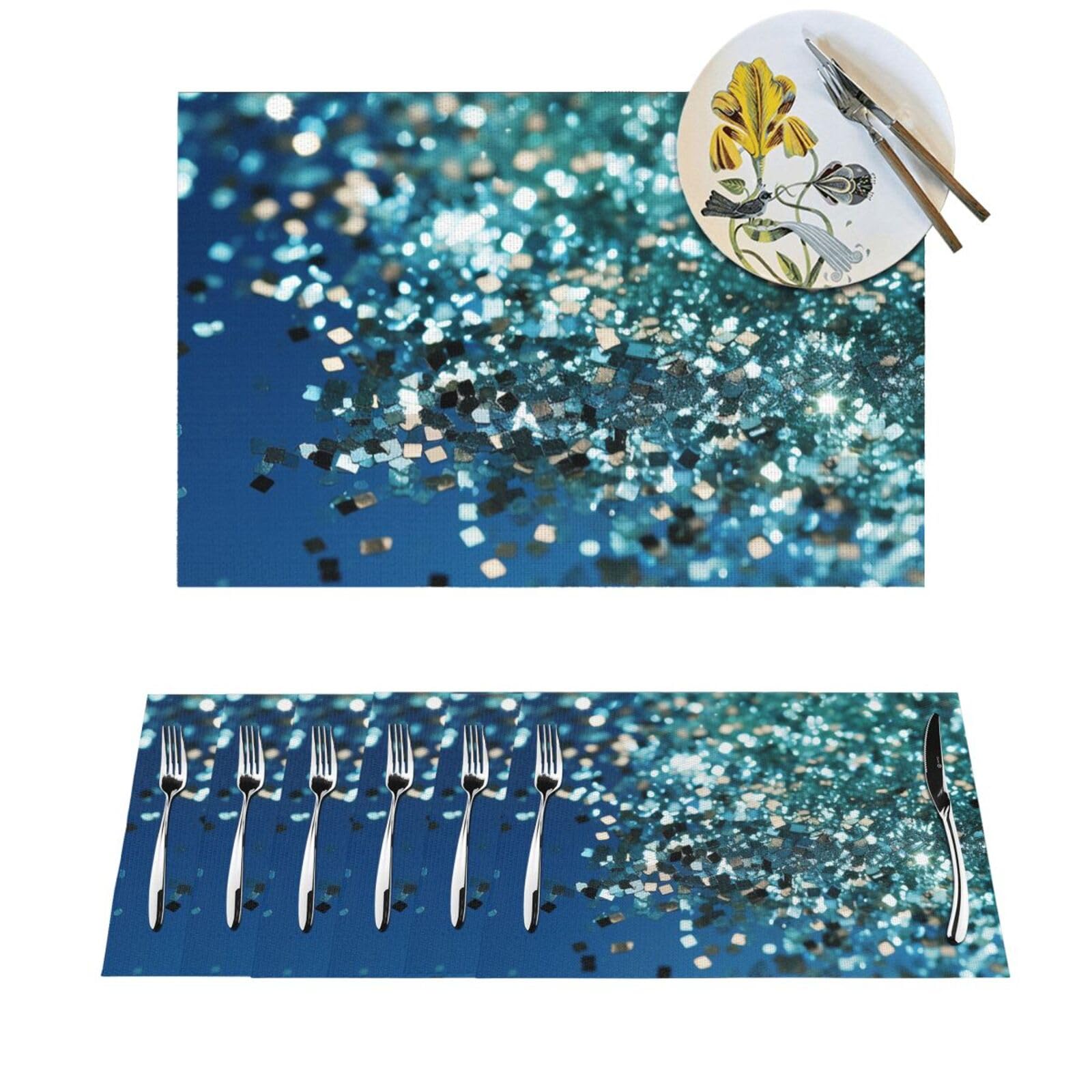 Set de table bleu pailleté de qualité supérieure en PVC tissé antidérapant chic