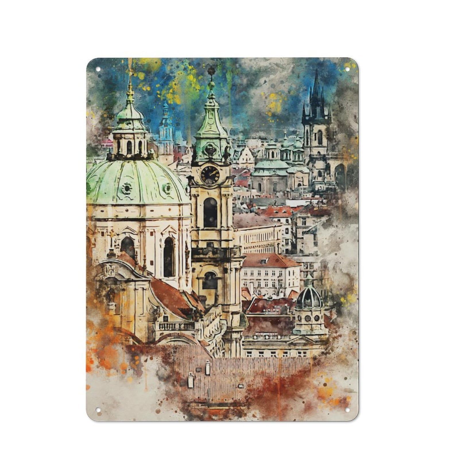 Junmoney Prague In Watercolor Metal Wall Sign 40X30cm Featuring For Home Bar Wall, Suited To Bar Sign Collectors