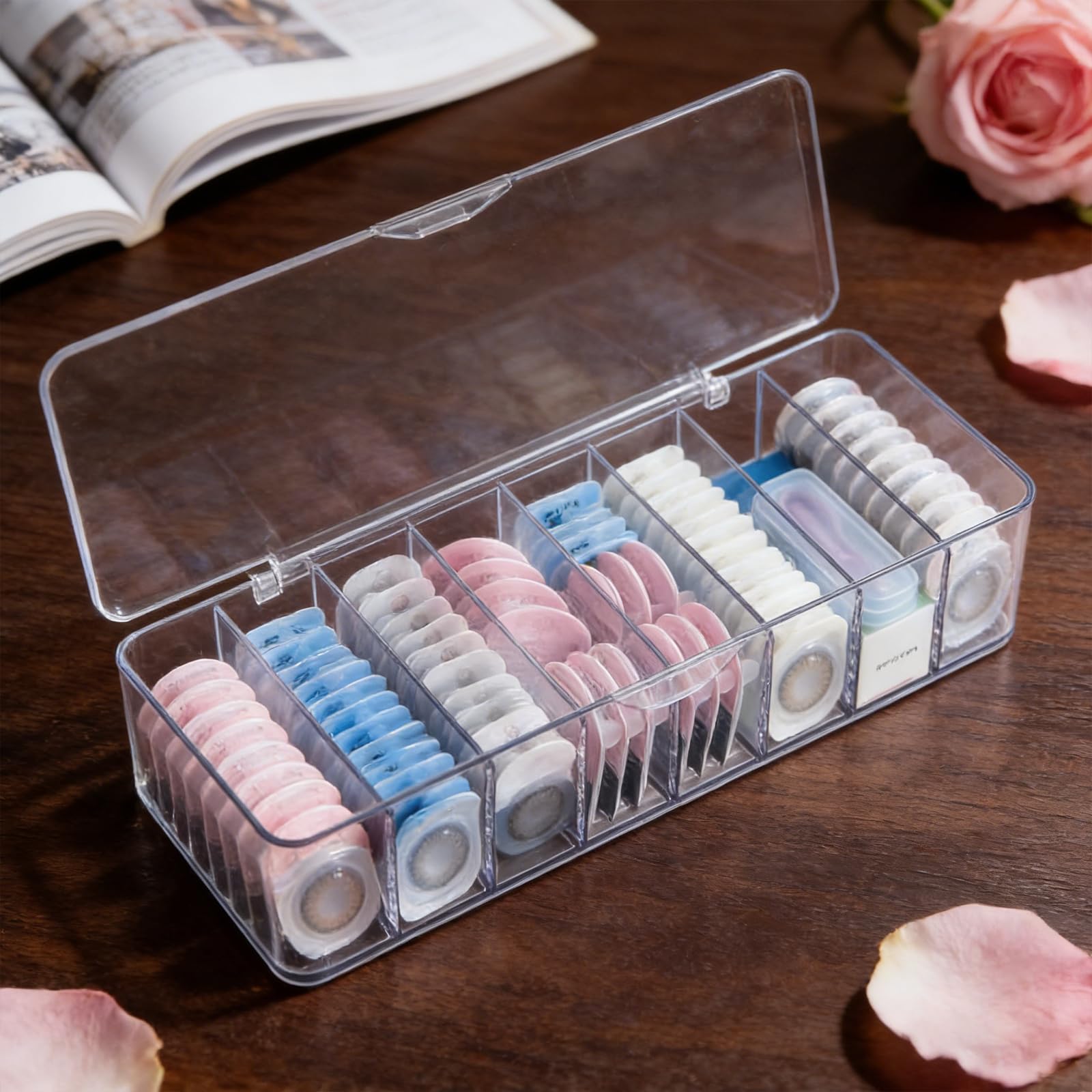 Caja de almacenamiento transparente para lentes de contacto, caja organizadora de lentes de 8 rejillas con tapa, almacenamiento diario de lentes desechables para baño, tocador, viajes — view 2