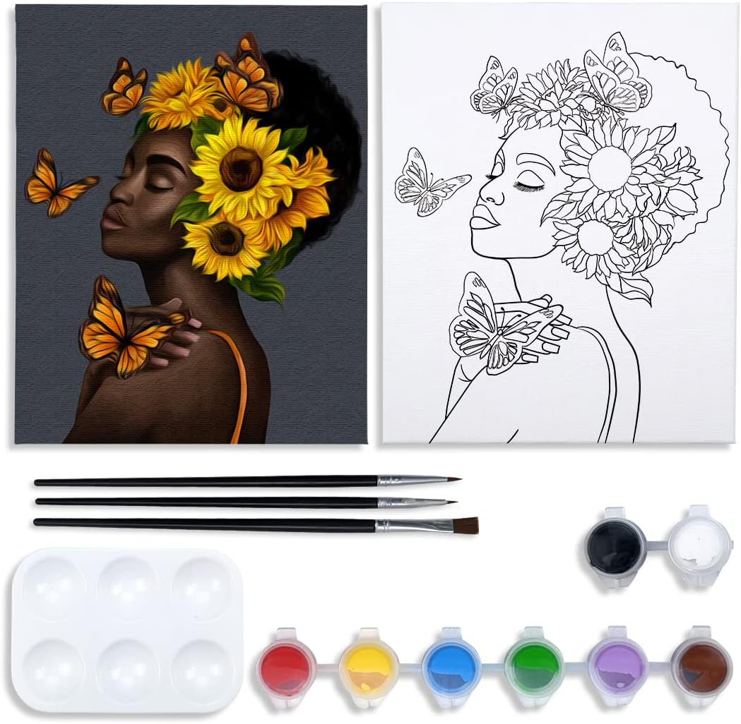 Canvas Paint Party Kits Pre Drawn Outline Canvas for Paint and Sip,Sunflower Lady Paint 8x10 Canvas to Paint Afro Queen 8 Acrylic Colors,3 Brush,1 Pallet Art Set Girl Paint