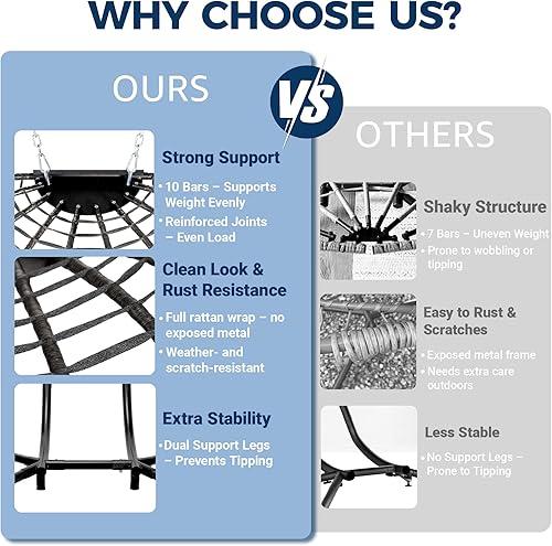 Miniatura 8 de BULEXYARD - Silla de huevo doble de mimbre con soporte, para 2 personas, grande, columpio colgante, sofá de 2 plazas para el patio, cojines de ratán