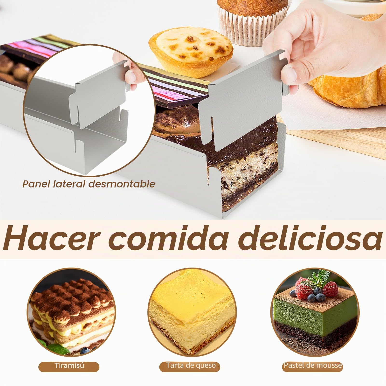 Marco de cocción rectangular ajustable de acero inoxidable, molde de tiramisú, molde para queso, no tóxico, antiadherente, sin BPA, moldes reutilizables para tartas, brownies, tartas de queso