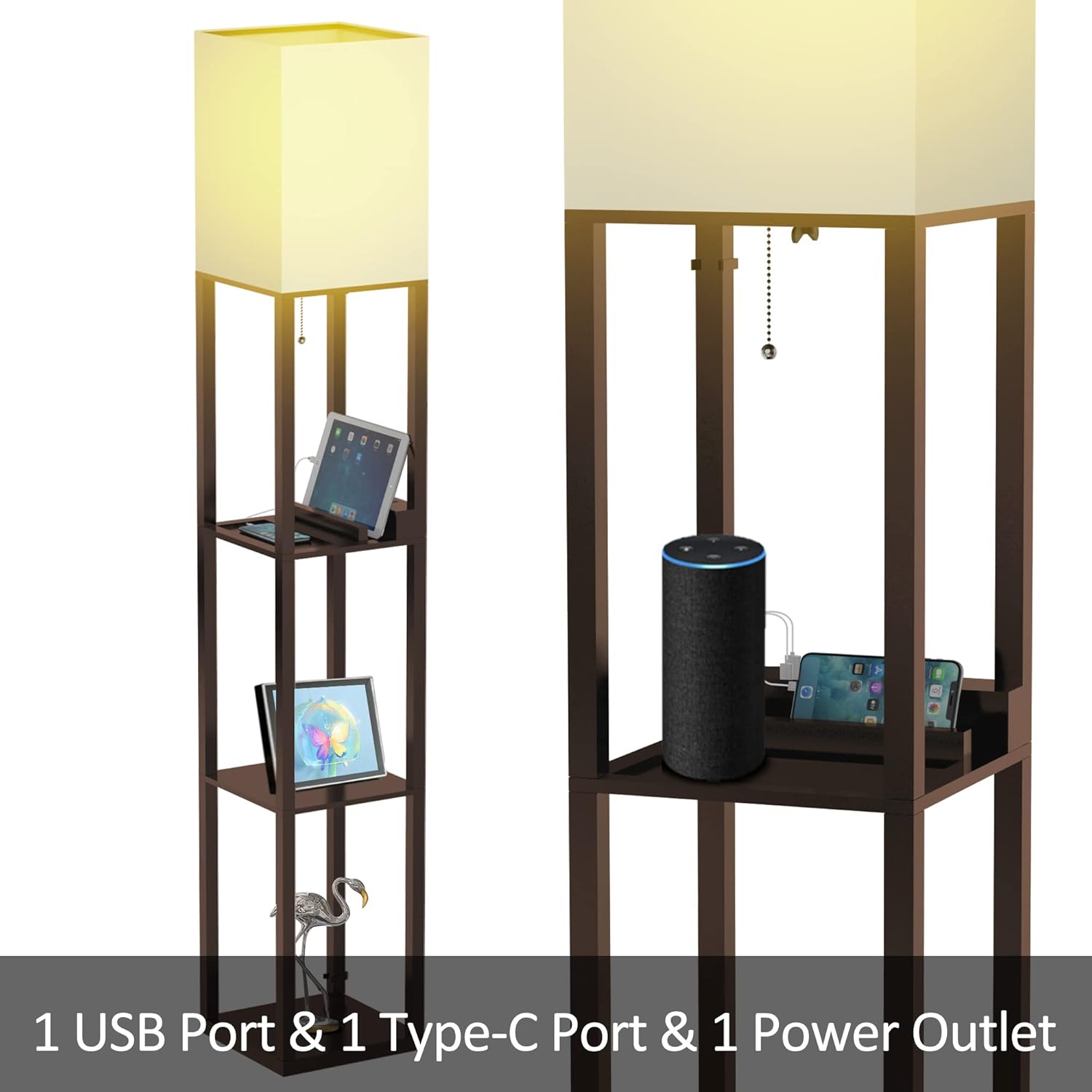 Limited Stock PAZZO Floor Lamp with Shelves, Shelf Floor Lamps by Solid Wood with 2 Charging Ports and 1 Power Outlet, Floor Lamps for Bedrooms, Lamps for Living Room, Brown Color