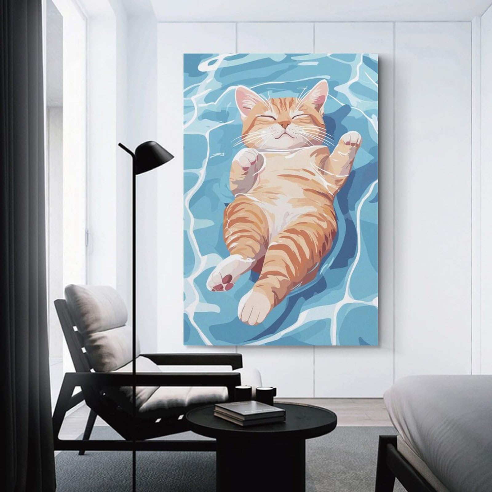 Junmoney Cat Floating Peacefully in Water Canvas Wall Decor, 16x24inch(40x60cm), for Lounge Decor, Bedroom Walls Or Flats, Eye Catching Artwork for Blank Walls