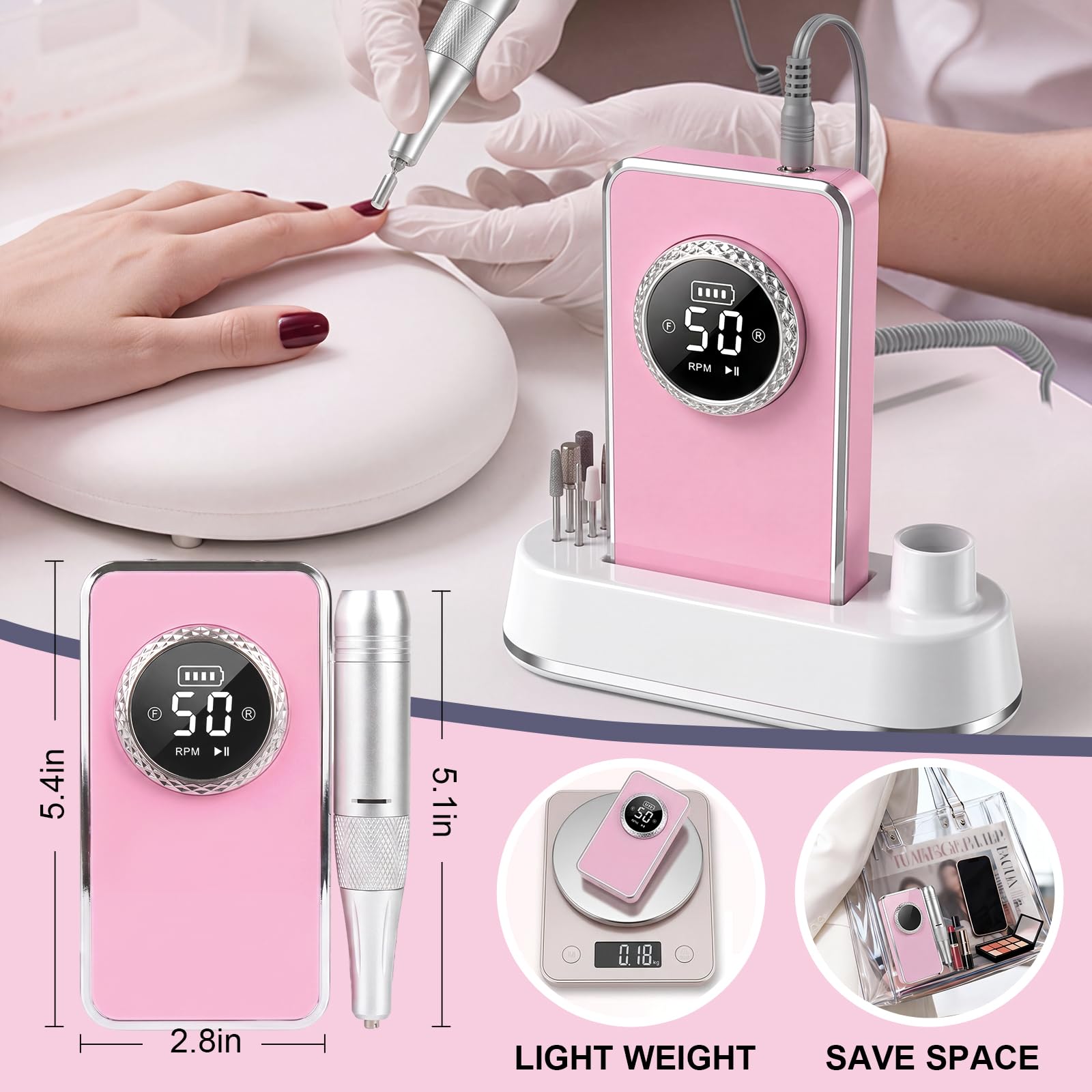 Fresa per unghie Professionale 50000 RPM, Kit di Lima Elettrica Portatile Ricaricabile Per Unghie Acrilico Gel, Cura dei Piedi & Lucidatura, Trapano per Unghie Senza Fili per Casa & Salone Rosa acceso