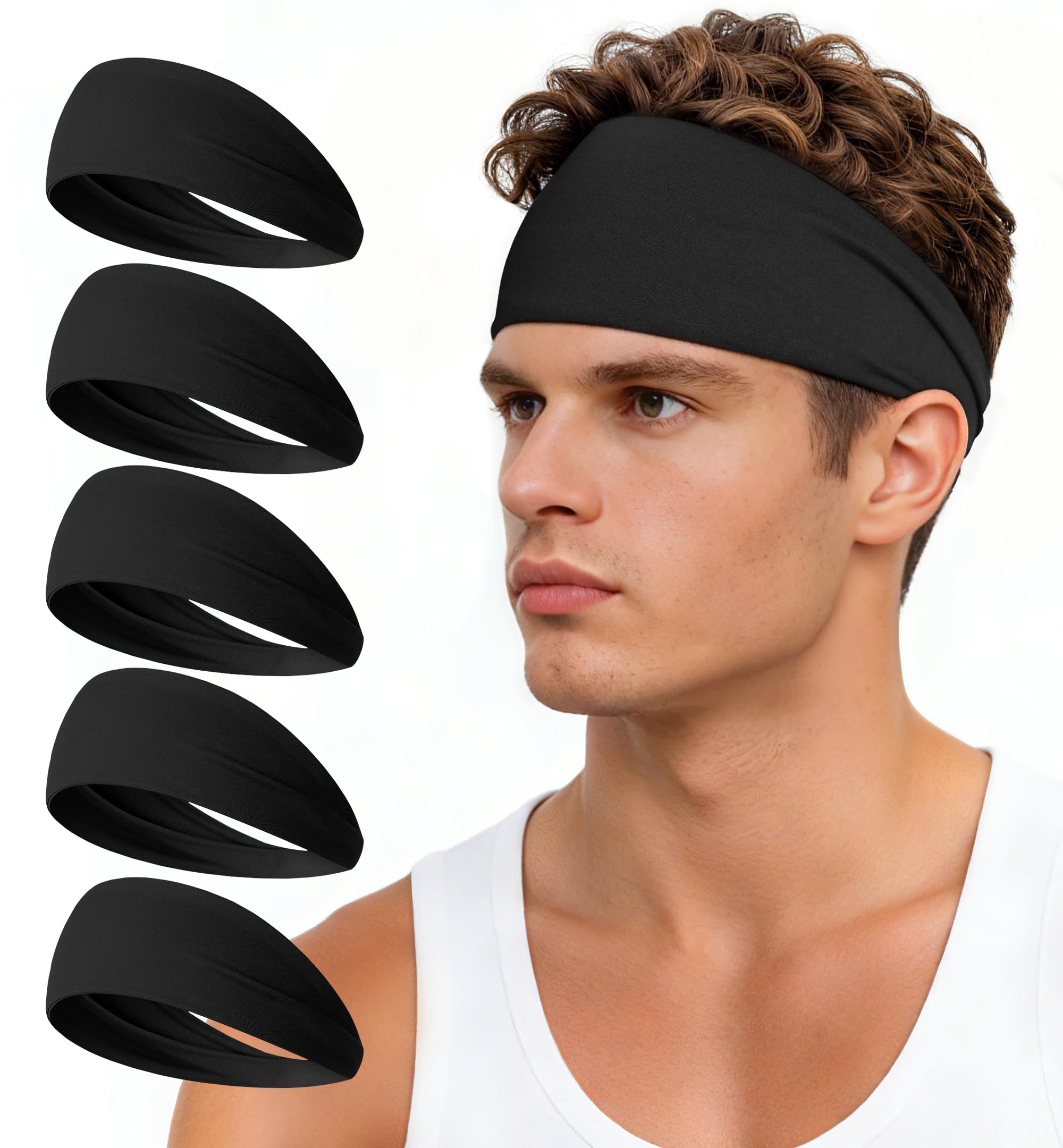 HiRui Stirnbänder für Damen und Herren (5er-Pack), Lauf-Stirnbänder, feuchtigkeitsableitend, Workout, Schweißband, Sport-Stirnband für Radfahren, Basketball, Yoga, Fitness
