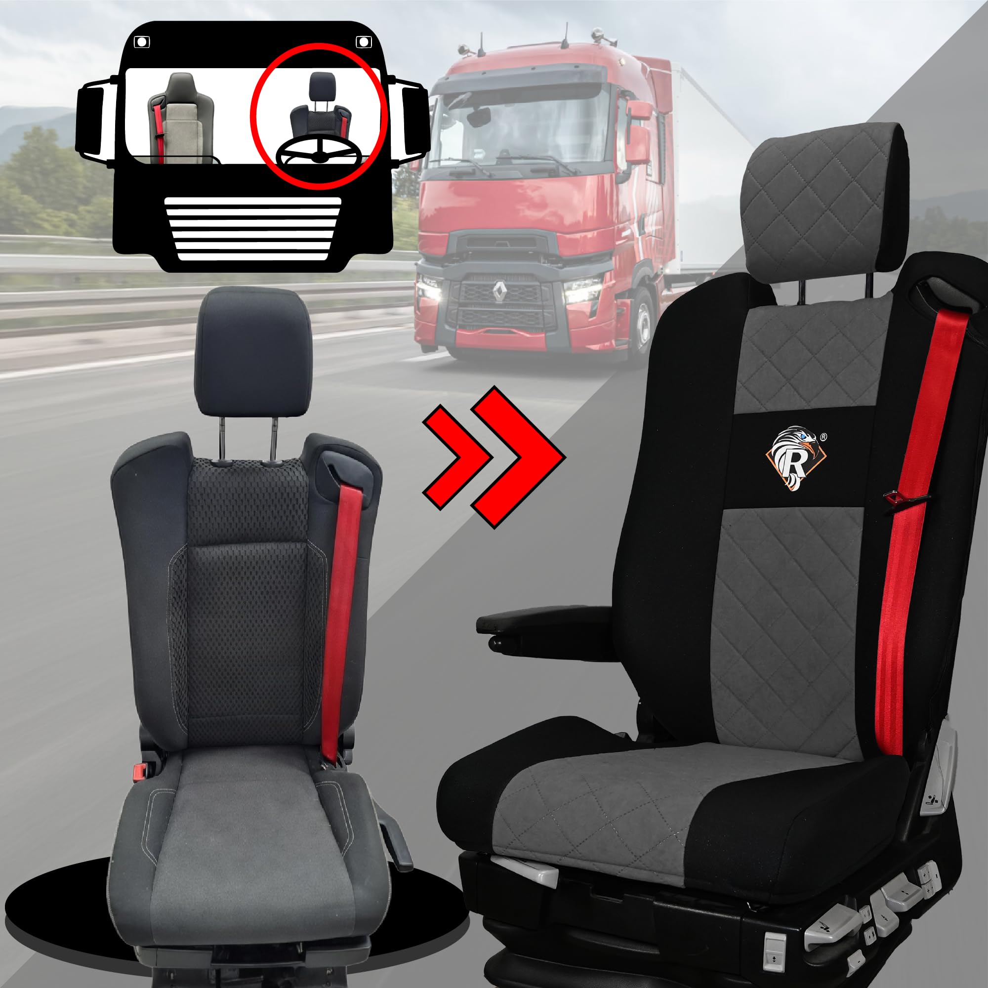 SABA Funda de Asiento para Renault Serie T Desde 2014, Asiento del Conductor con reposacabezas, Asiento del Pasajero, 2 Cinturones de Seguridad Gris Accesorios de protección para Asientos de Camiones