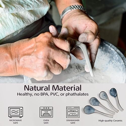 Miniatura 6 de Cuchara de sopa de cerámica asiática, con mango largo fácil de sostener, parte inferior antideslizante, para ramen japonés, wonton chino y