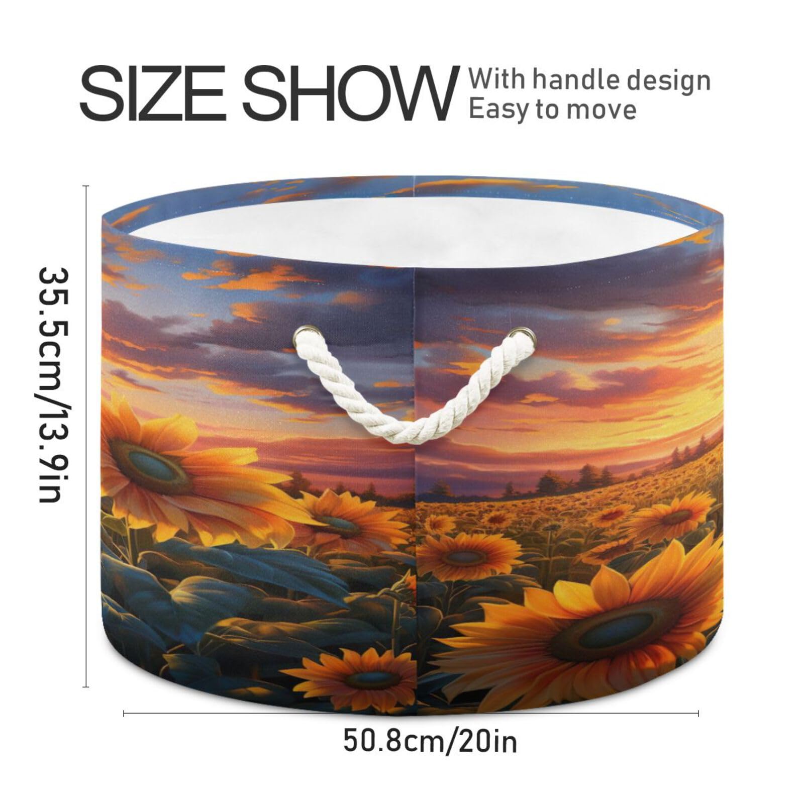Round Sunflower Field Sunset Storage Basket Large Organizer Bin Laundry Hamper Toy Storage Basket with Handle for Nursery Clothes Toys 202b4419