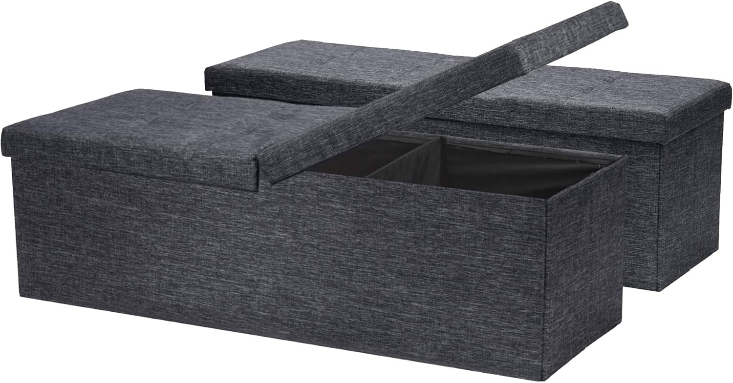 Otto & Ben [2pc Set Folding Toy Box Chest with Smart Lift Top Linen Fabric Ottomans Bench Foot Rest for Bedroom and Living Room, 45", Dark Grey