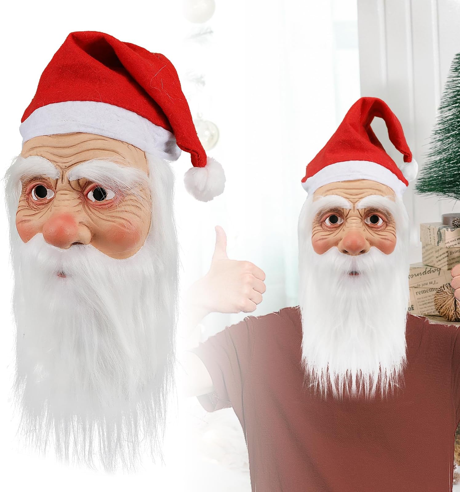 TIKBBRMG Realistic Santa Mask with Beard Santa Head Cover Latex Mask Christmas Santa Claus Face Mask Santa Beard And Wig