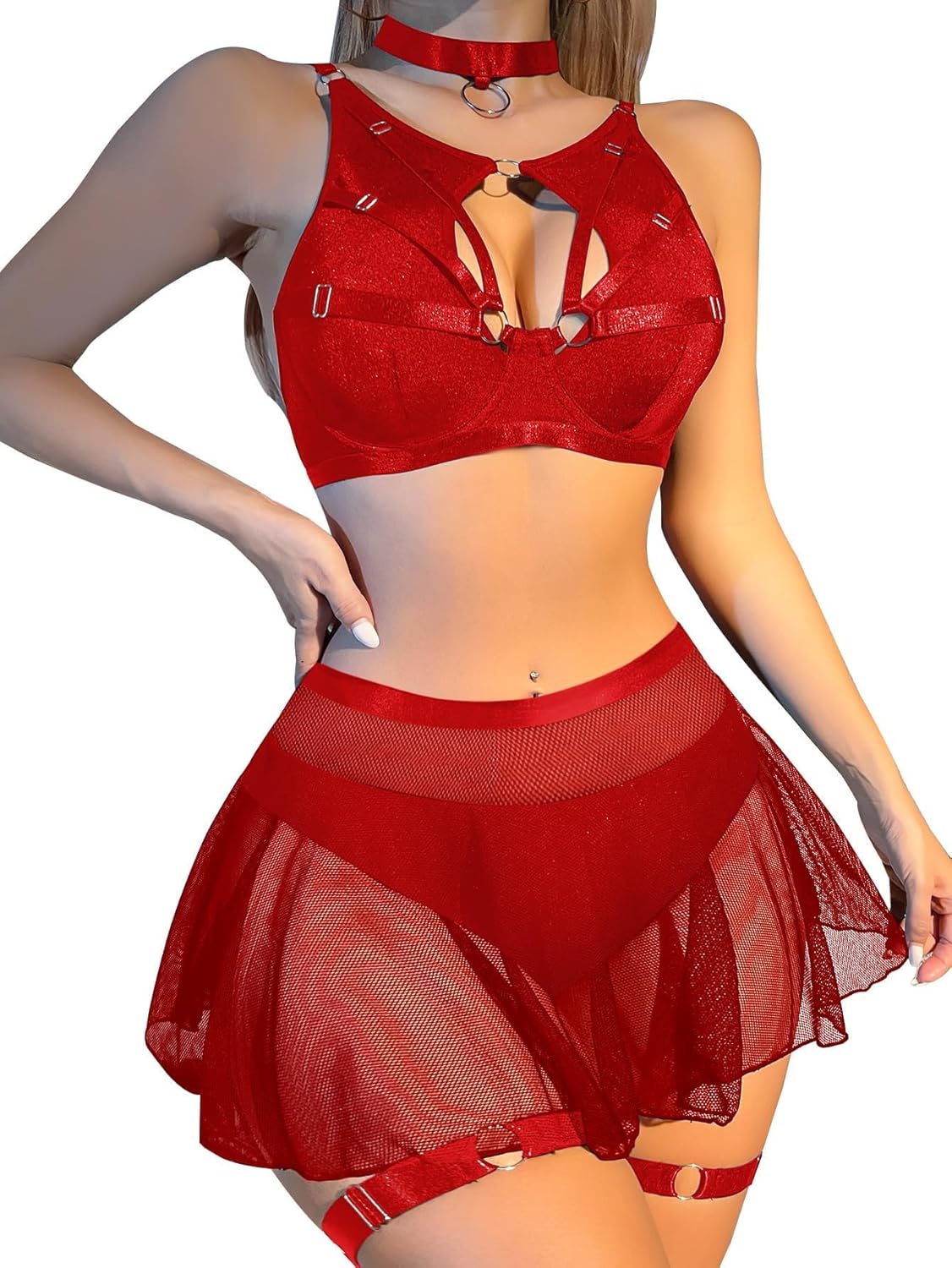 Lilosy Sexy Fishnet Stocking Chocker Strappy Underwire O Ring Skirt Women Lingerie Set 5 Piece