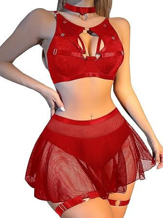 Lilosy Sexy Fishnet Stocking Chocker Strappy Underwire O Ring Skirt Women Lingerie Set 5 Piece