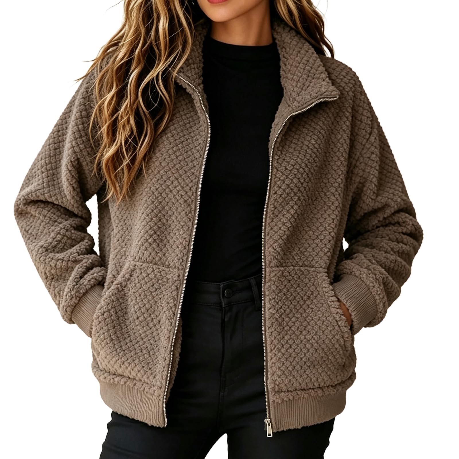FUPODD Fleecejacke Damen Ohne Kapuze Teddyjacke Flauschig Winterjacke Warm
