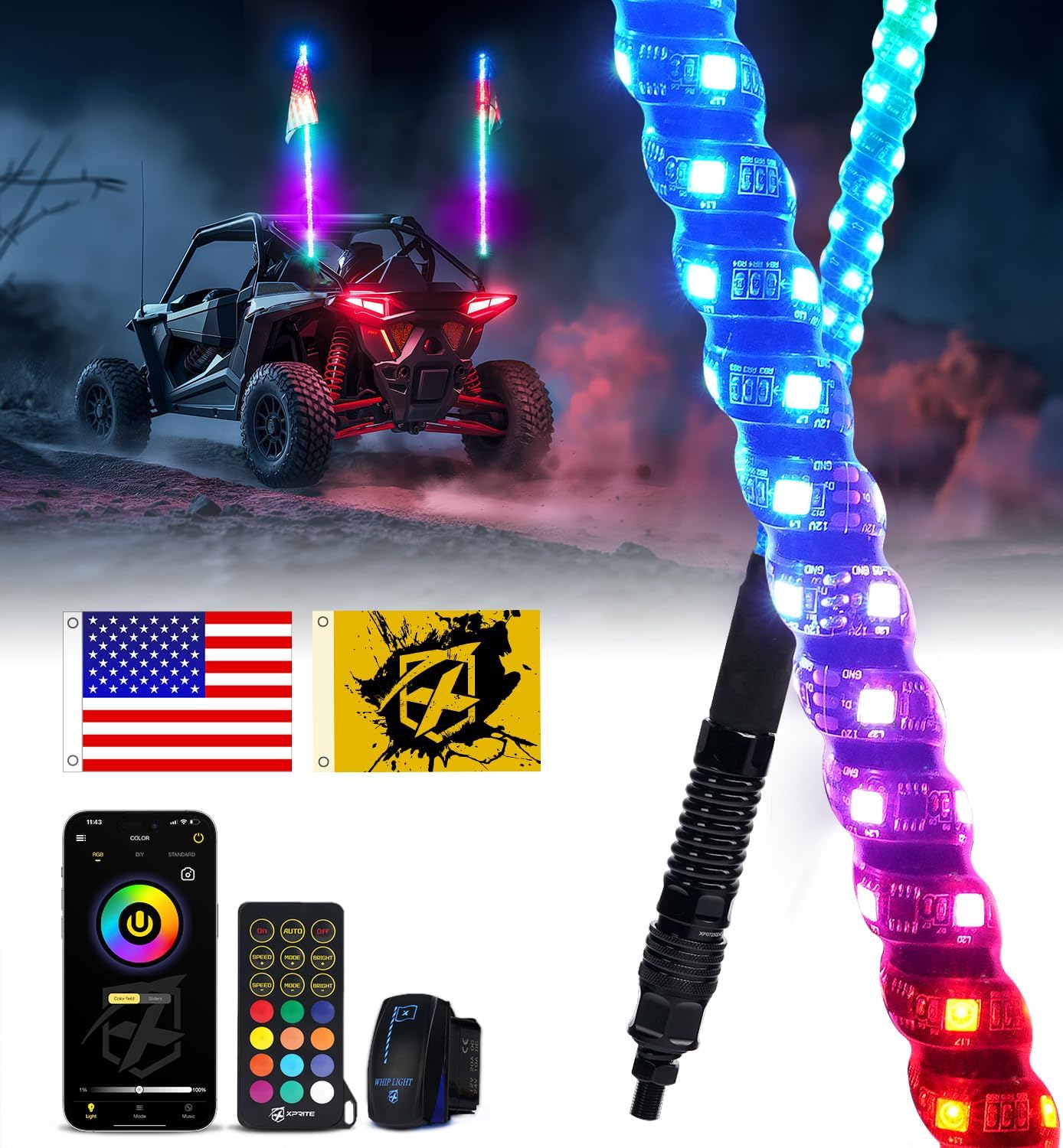 Xprite 2PC 5FT Spiral RGB LED Whip Light with Spring Base, App & Remote Control Stop Turn Reverse Brake Lights Chasing Antenna Lighted Whips, Compatible with SXS ATV UTV Polaris RZR Can-am Jeep