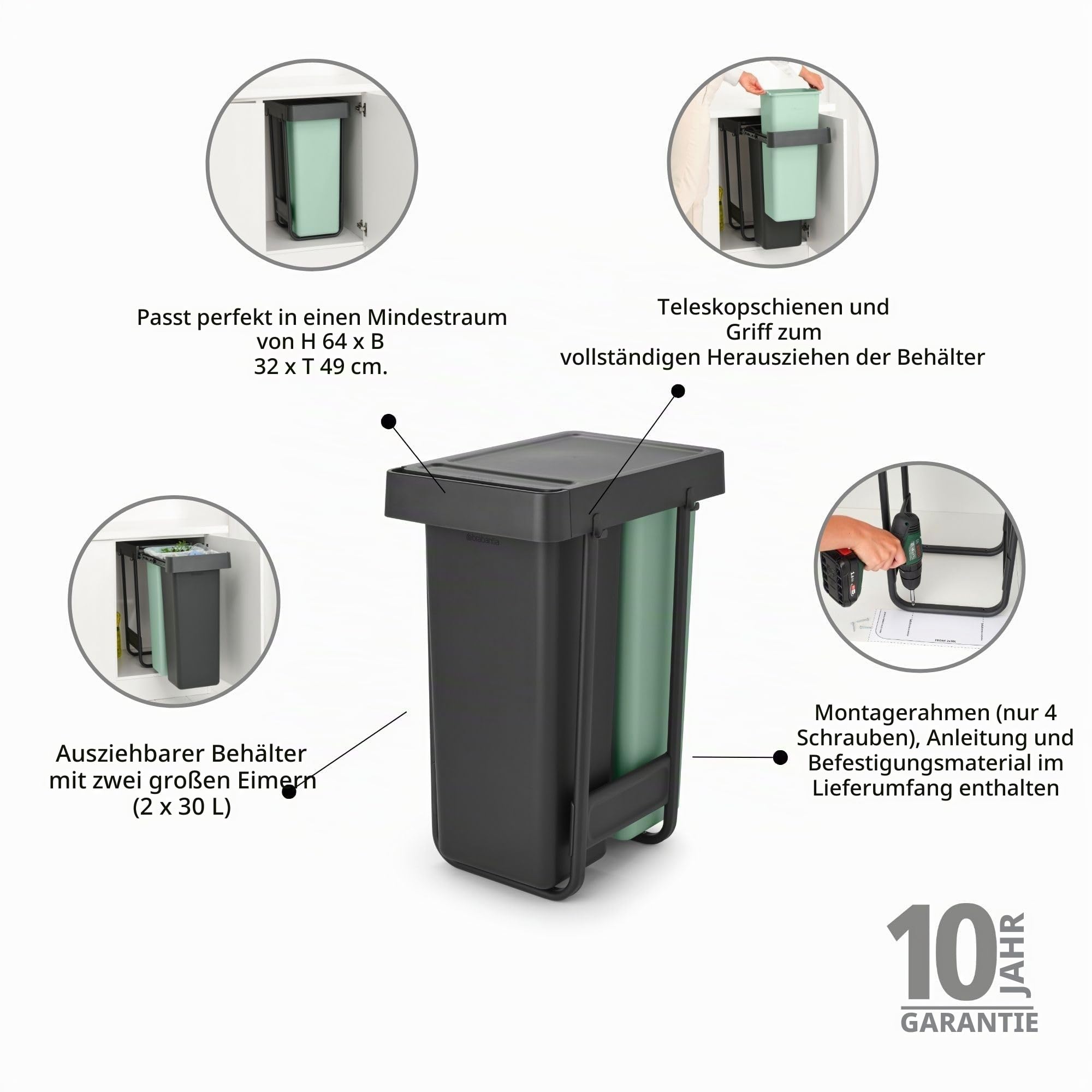 Brabantia Sort & Go Ausziehmülleimer | 2 x 30 l Einbaumülleimer für die Unterschranktür | Integrierte Doppel-Mülltrennungseinheit, leichtgängige Schiene, herausnehmbarer Inneneimer | Grey & Green