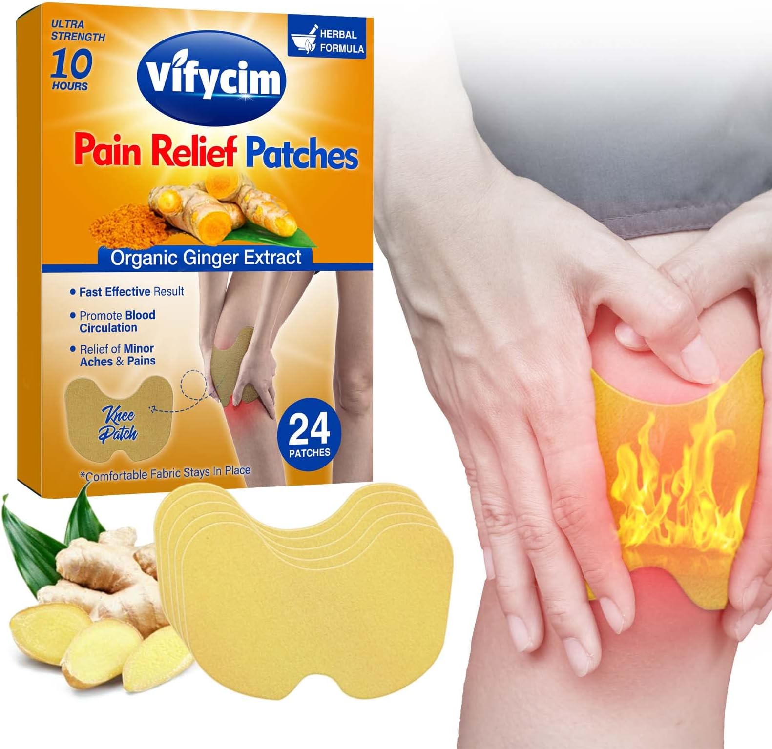 Knee Pain Relief Patches, 24 PCS Warming Knee Plaster with Organic Ginger Extract, Deep Relieve Discomfort from Arthritis, Neck and Shoulder Muscle, Fast Acting