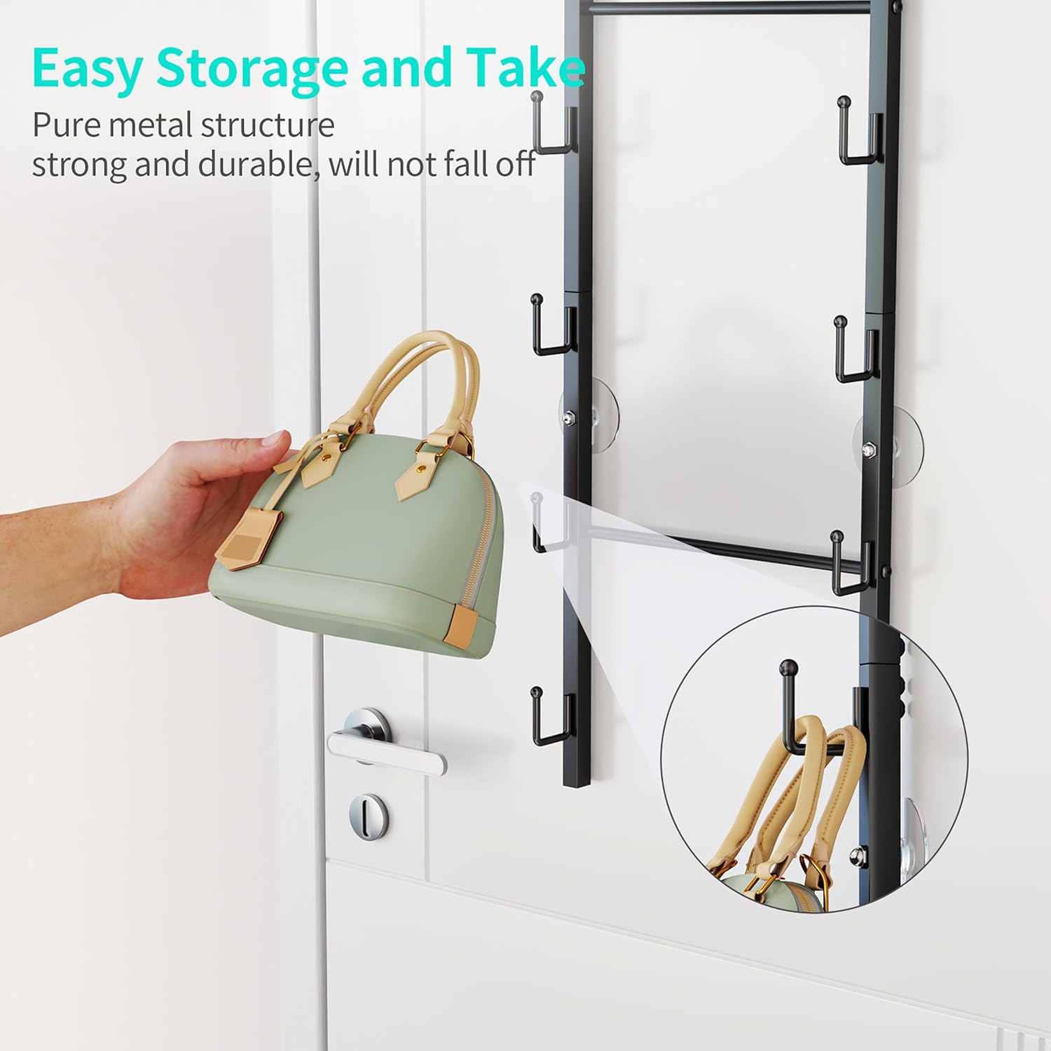 HapiRm Over The Door Purse Organizer - Wall Mounted Purse Rack with 10 Hooks and Metal Basket, Hanging Handbag Organizer Holds up to 10 Bags, Bag Rack Can Use As 1/2 Part, for Door, Closet (Black) - Image 9