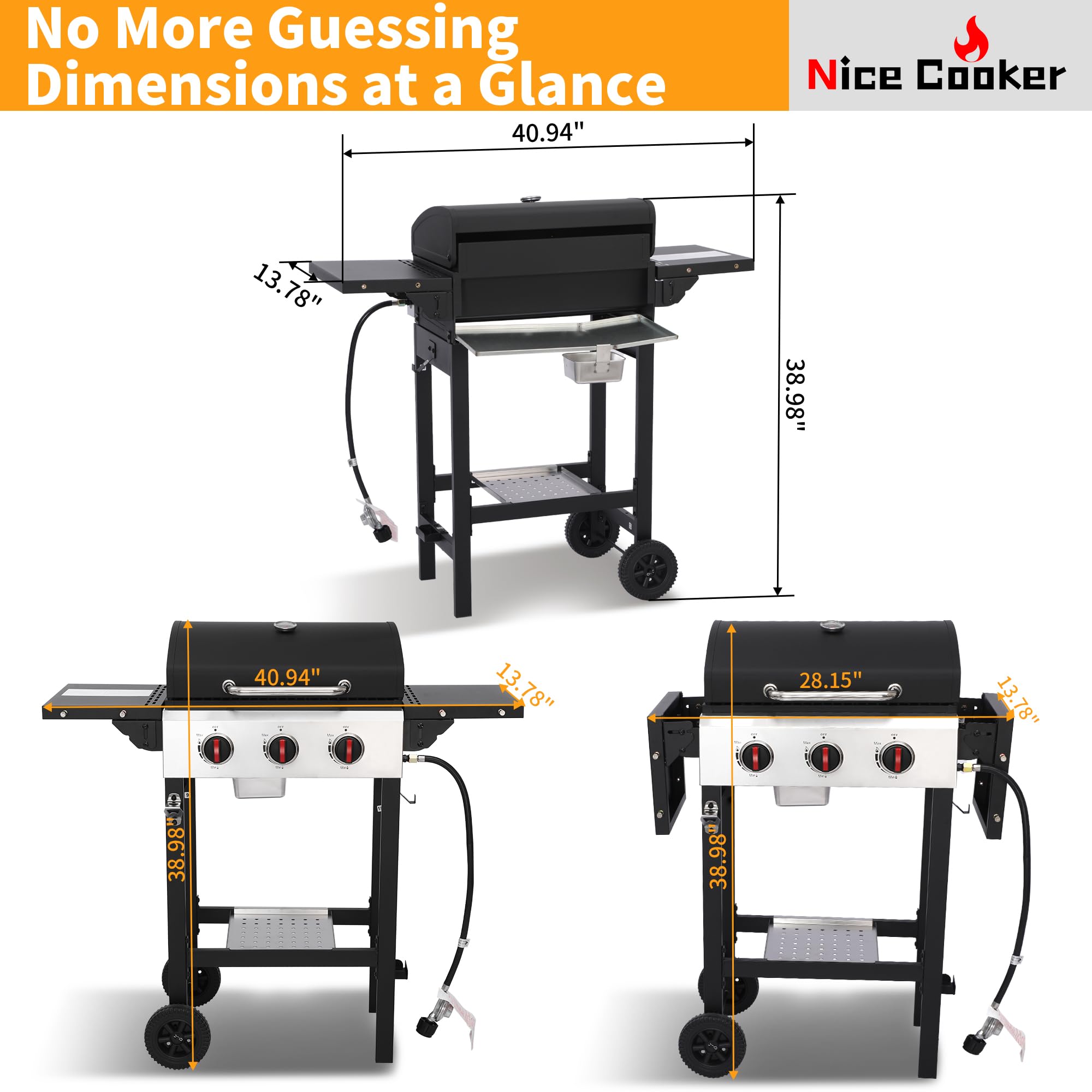Griglia a gas propano a 3 fuochi, con griglie in ghisa, 252 mq, spazio per barbecue, ripiani laterali pieghevoli, per esterni, patio, campeggio, colore nero