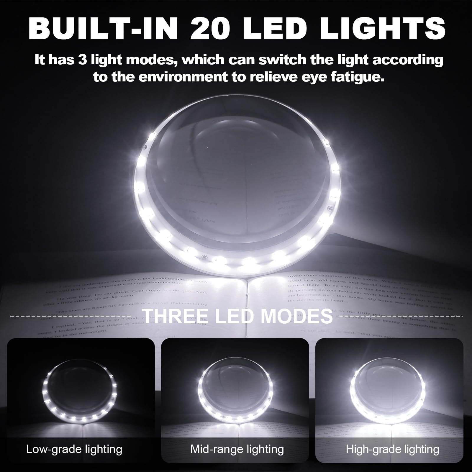 Lupa de Mano de 30 aumentos con luz, Lupa de Mano Grande de 4.33 Pulgadas, 20 Luces LED de luz Diurna iluminadas, Lupa iluminada de Tercer Engranaje para Lectura de Monedas Mayores, Color