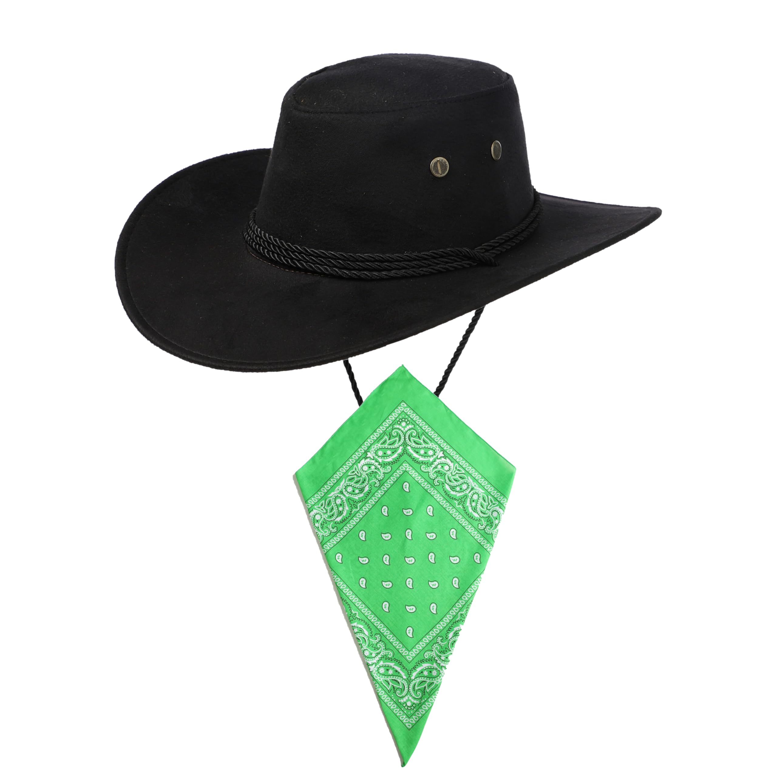 Komonee Black Cowboy Hat and Green Bandana Western Sun Cap Faux Felt Leather Suede Fancy Dress Party Costume Outfit Neckscarf Sun Protection Mens Womens