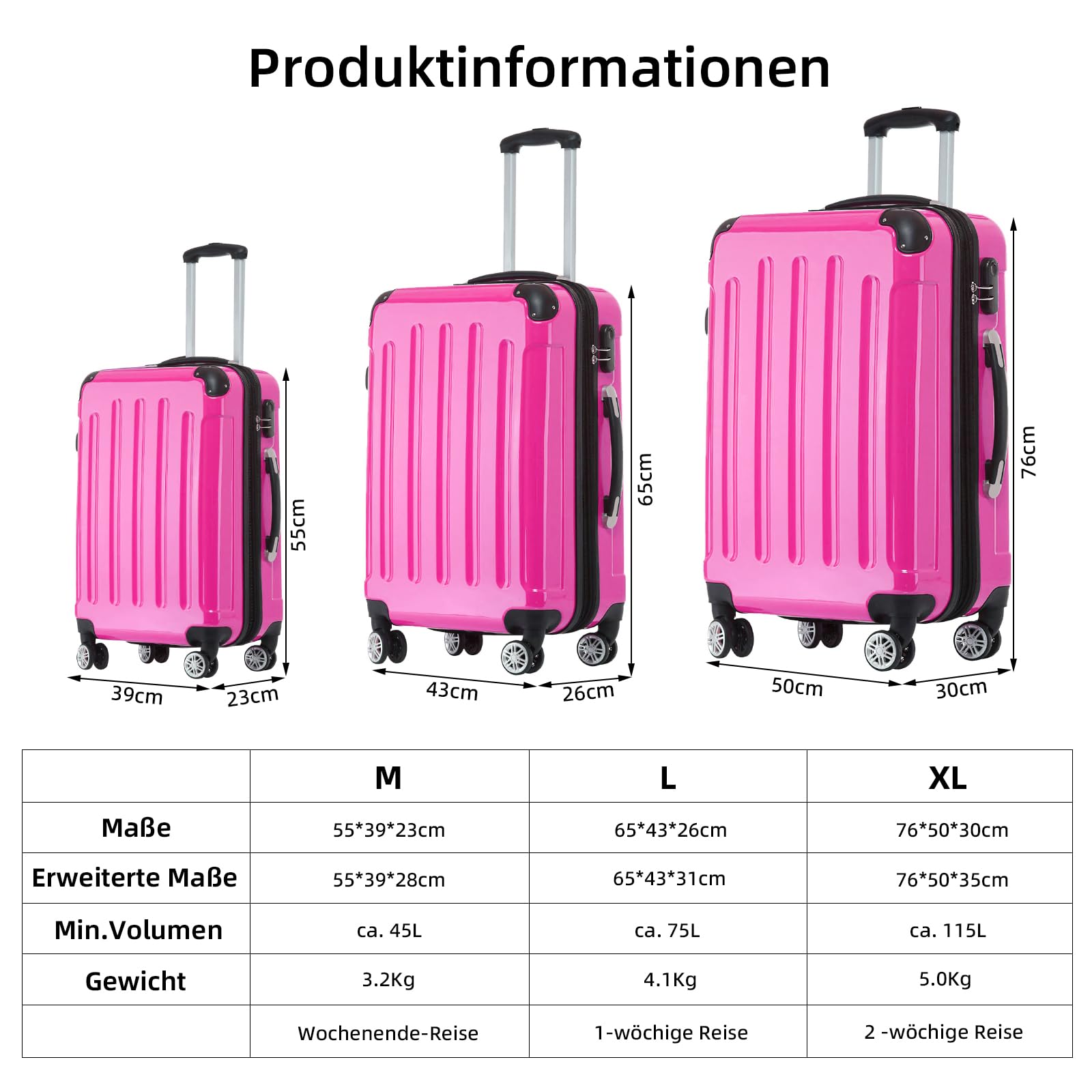 BEIBYE Hartschalen Koffer Trolley Rollkoffer Reisekoffer 4 Zwillingsrollen Polycabonat (Pink, Handgepäck 55cm-40L)